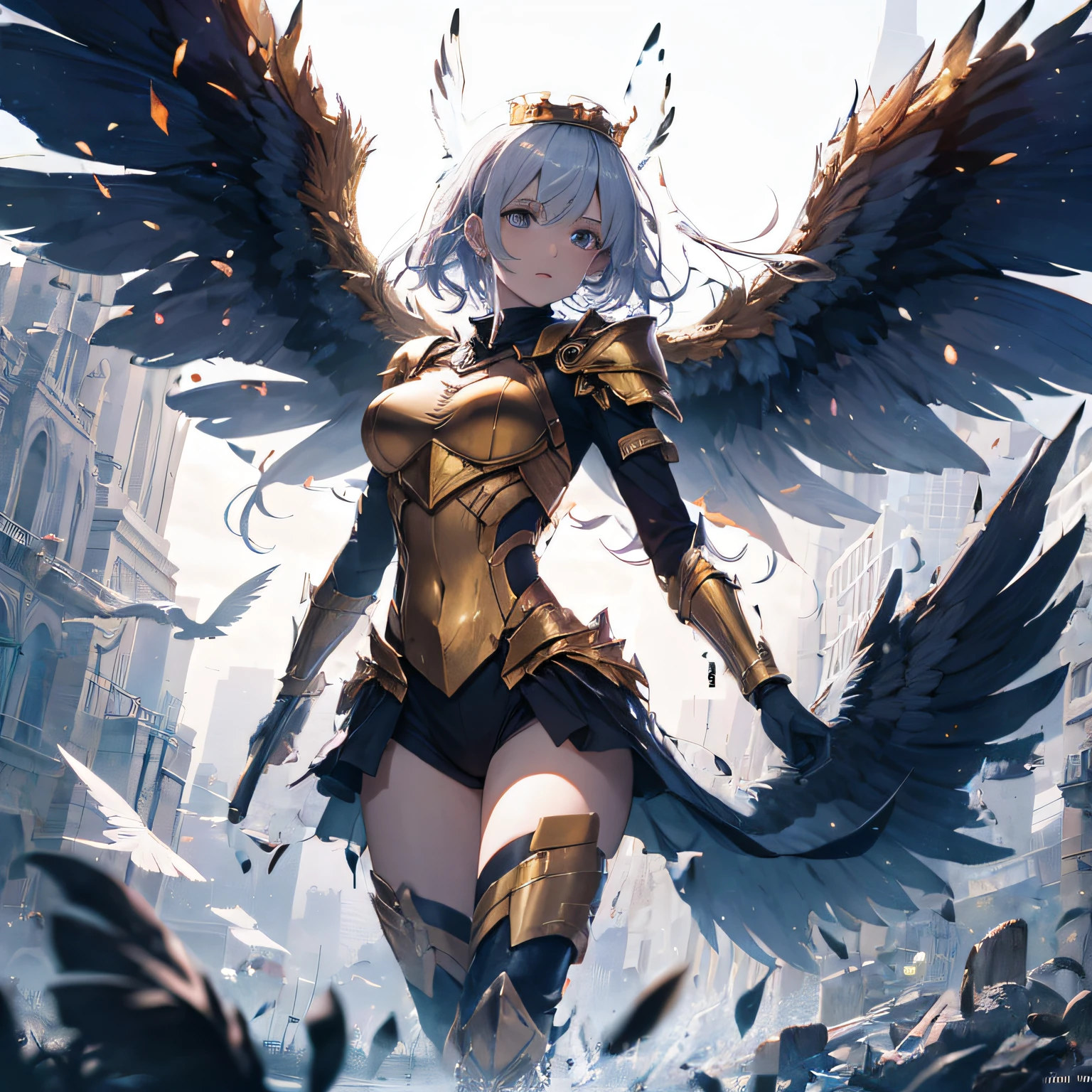 wings catching fire, fire machete, golden armor, crown, energy