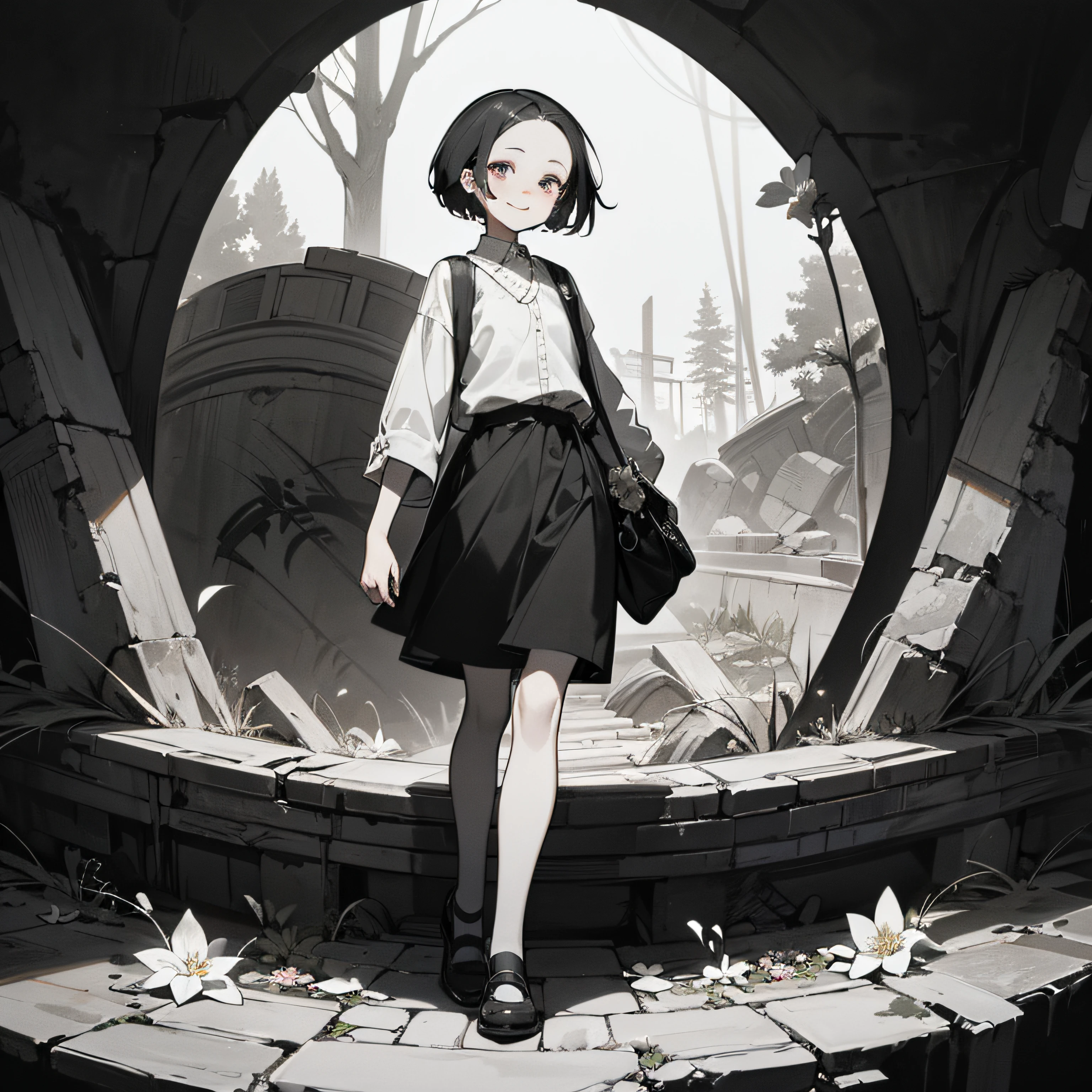 (background ancient ruins), original,(illustration:1.2 black and white),(best quality), (masterpiece:1.2), (extremely detailed 8k unit wallpaper, black and white image, made in HB graphite pencils, (panoramic photo:1.4),(full body:1.05), (splashes),((GRAFFITI)), sharp focus, 1 girl standing with cell phone in her hands, (flowers, woods), outdoors, stones, Make happy expressions, soft, pure smile, beautiful and detailed face and eyes, short hair, soft face, forehead --auto