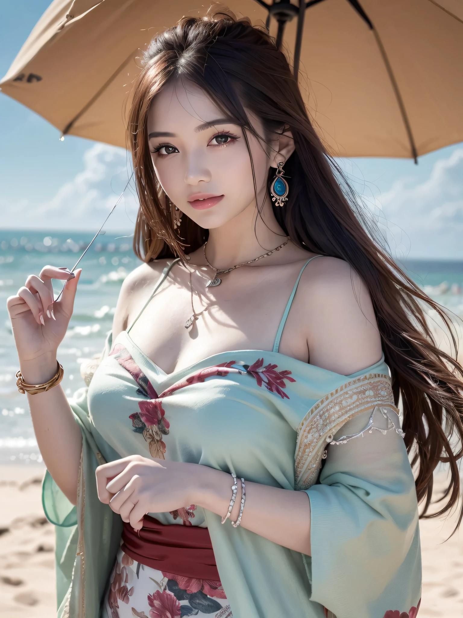 (upper body), (best quality:1.1) ,(photorealistic:1.1), (photography:1.1), (highly detailed:1.1), looking at viewer,armlet, Jade bracelet, eyelashes, happy, medium breasts,beautiful detailed girl, (extremely detailed eyes and face), (lighting on face),necklace,Colorful clothes, [chinese clothes],[off shoulder], (solo:1.2), sandbeach,sand,Standing by the seaside, summer, (beautiful detailed sky),