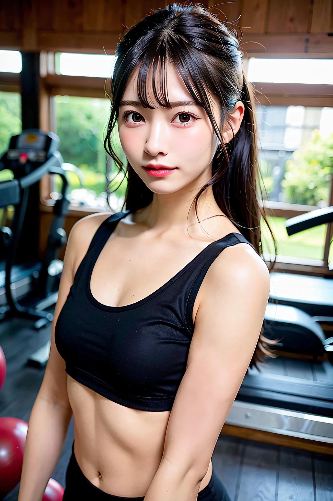 Top Quality, Ultra High Definition, (Photorealistic: 1.4), 1 Girl, (Black Hair: 1), (Small Breasts: 1.6), Gym Clothes, Exercise