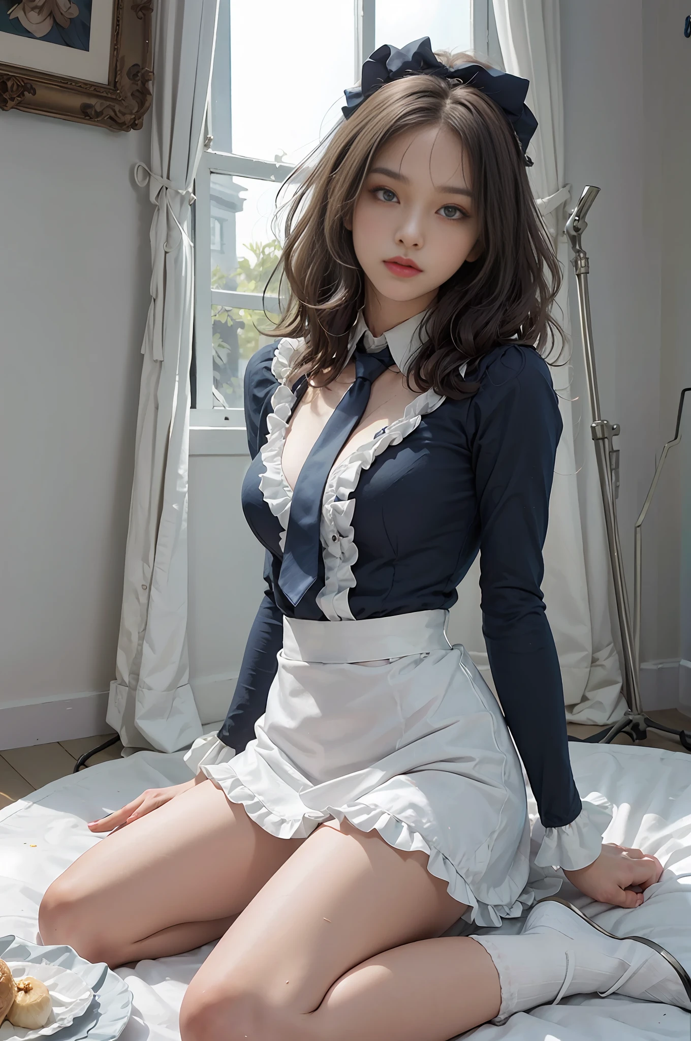 High Contrast, Ultra High Definition, Outstanding Detail, 8K, Blushing Face, Blushing, Nikon Z9, 30mm Lens, Sharp Focus Face, f/4, ISO 200, Shutter 1/250, Beauty Light, Medium Shot, Raw, Intricate Detail, Award-Winning Photography, Excellent Contrast, High Sharpness, Facial Symmetry, Bokeh, Ultra Detail, (Ultra Realistic), ( Illustrations), (High Resolution), (8K), (Very Detailed), (Best Illustration), (Beautiful Detailed Eyes), (Best Quality), (Ultra Detailed), (Masterpiece), (Wallpaper), (Detailed Face), Solo, One Girl, Loosely Wavy Hair, Ruffled Maid Headband, Iris Unusual Eyes, Small Moles Under the Eyes, Blouse with White Ruffles, ((Dark Blue Ribbon Tie)), Black Flared Long Skirt(White Frill Apron))), , Folded White Silk Ankle-Length Socks, Black Strap Pumps, Sober Mansion Bedroom with Decorations and Chandeliers and Candelabra (Perfect Anatomy)