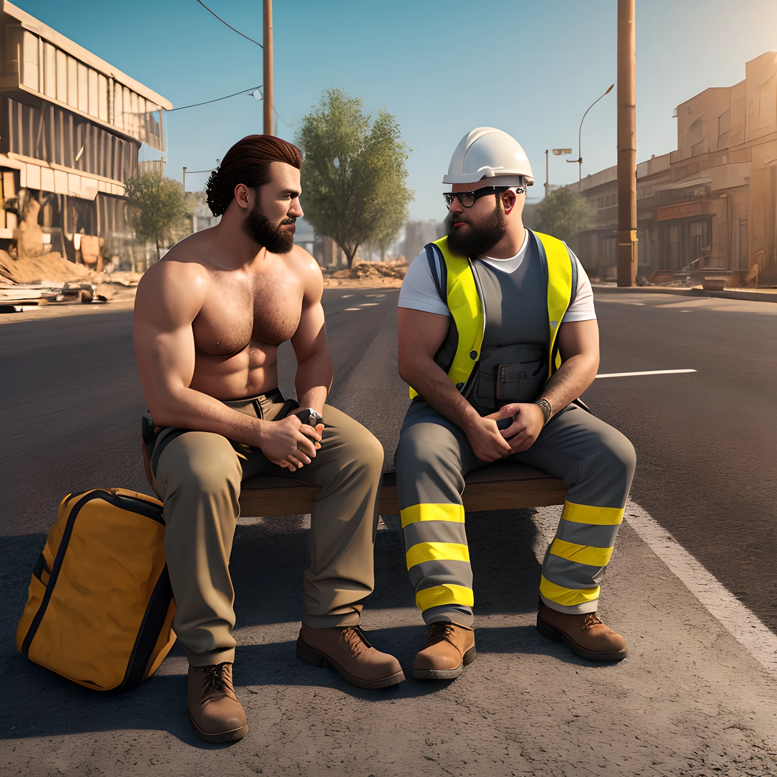 photography of two construction workers 60 years old turkish shirtless sweat ugly chubby man , long curly beard, curly hair, manly chest, bulging trousers, sitting in the middle of the street , shirtless with safety vest andwhite dirty boxer, hyper realistic, photorealistic, ambient occlusion, sunlight --auto
