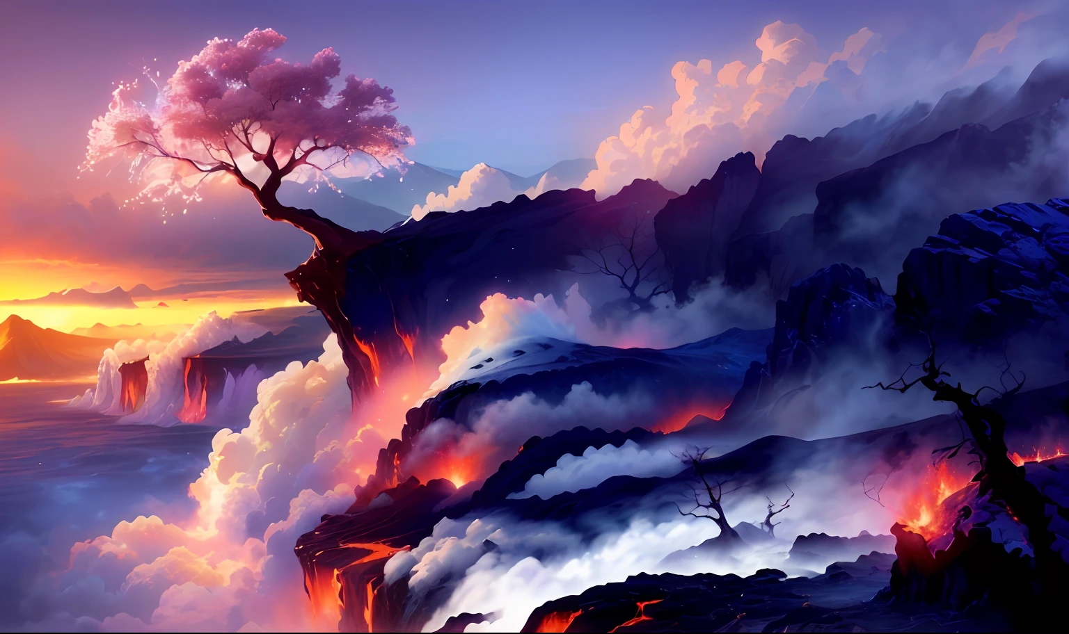 arafed tree on a cliff with lava and lava flowing down, background artwork, volcano landscape, magnificent background, fantasy art landscape, beautiful wallpaper, anime nature, epic surrealism 8k oil painting, beautiful lava landscape, background art, beautiful art uhd 4 k, the earth sprouts lava, extraordinary colorful landscape, amazing wallpaper, fantasy landscape painting, volcano background