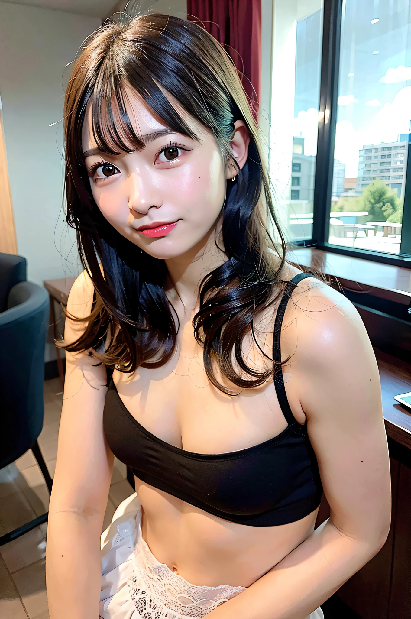 Top quality, ultra high resolution, (photorealistic: 1.4), 1 girl, (black hair: 1), (small breasts: 1.6), in the hotel, underwear