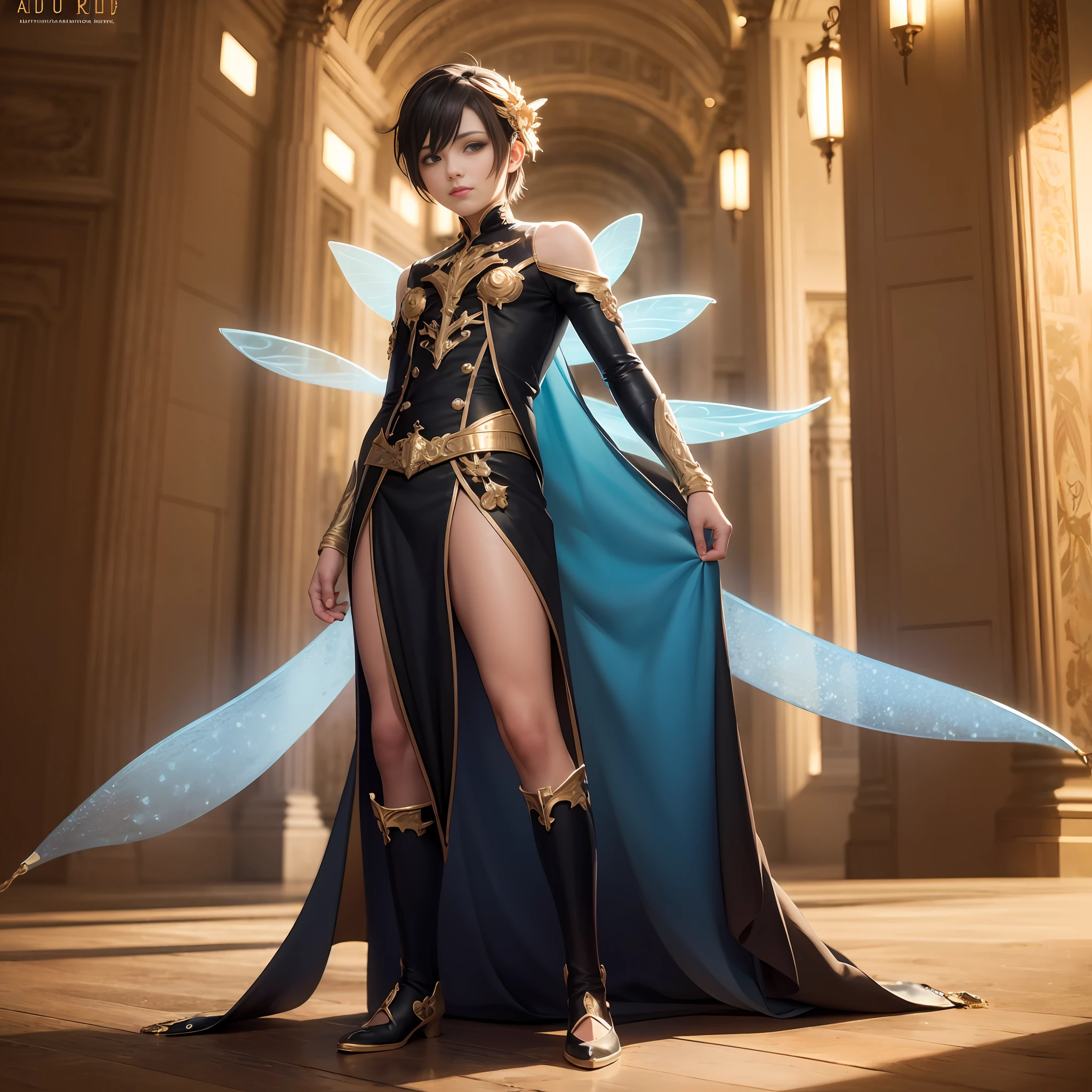 masterpiece, 8k, perfect ligthing, , adult, male, full body shot, looking at viewer, Arm behind back, cinematic lighting, male fairy with blue and gold details --auto --s2