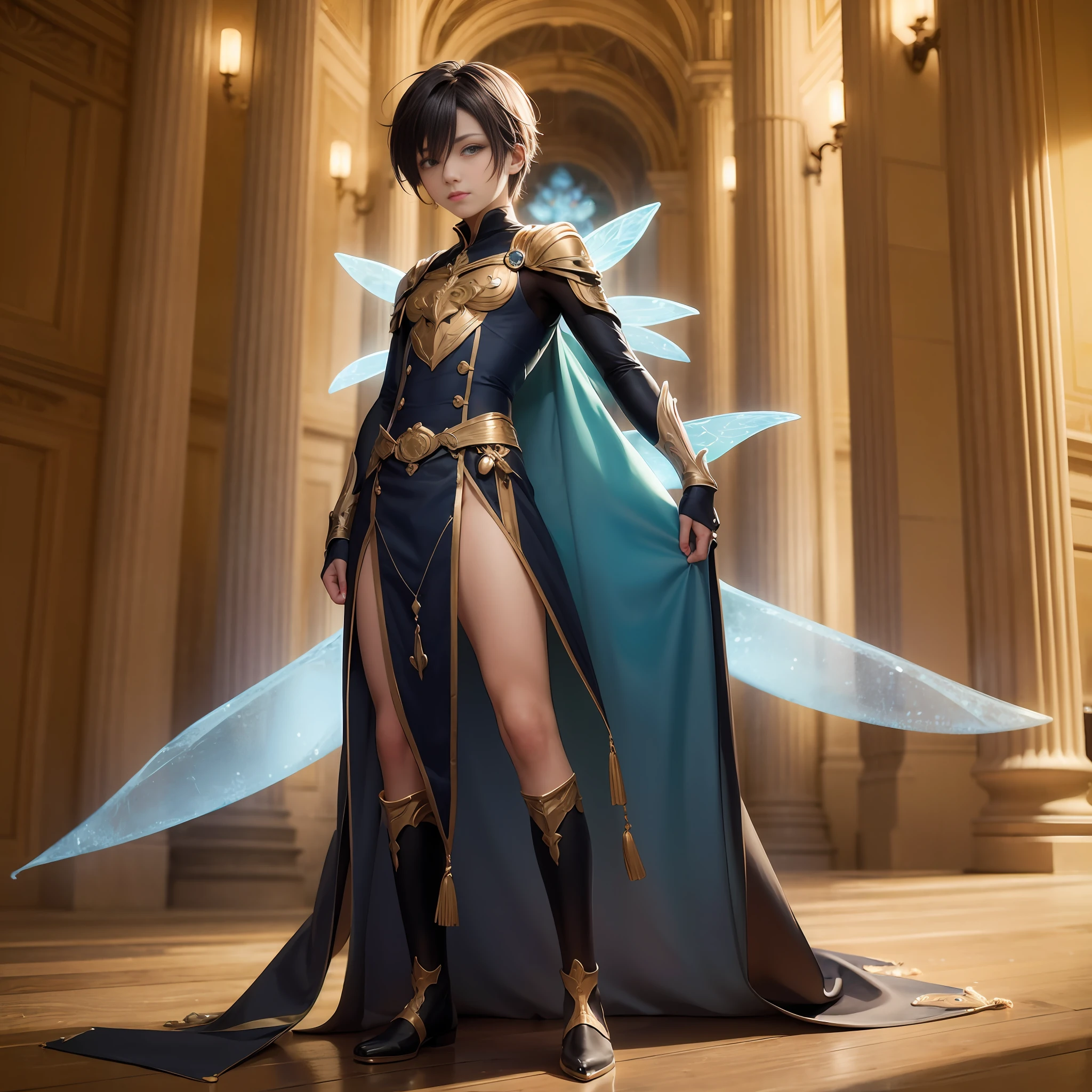 masterpiece, 8k, perfect ligthing, , adult, male, full body shot, looking at viewer, Arm behind back, cinematic lighting, male fairy with blue and gold details --auto --s2
