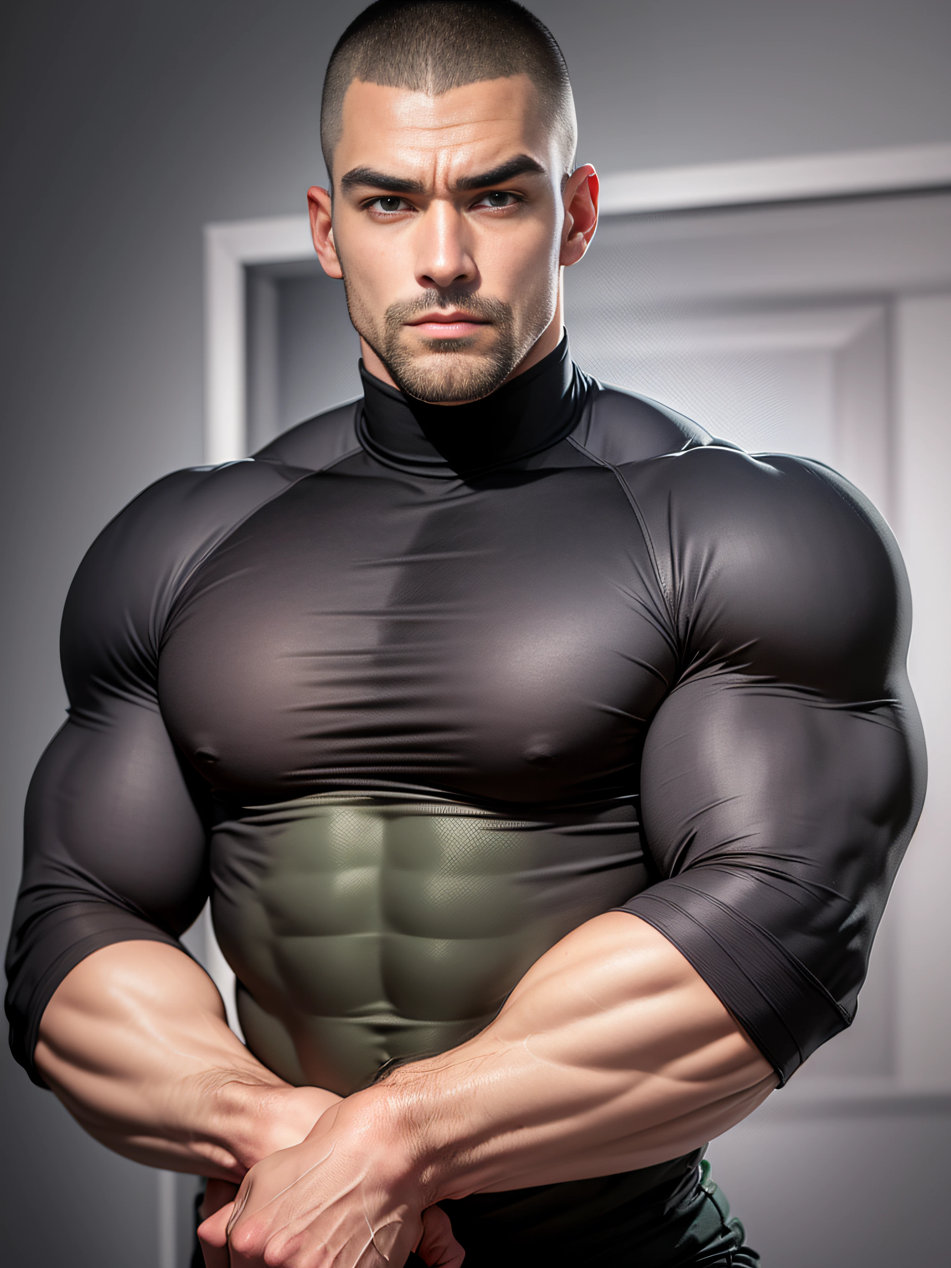 Character design (open mouth muscle special soldier, Buzz Cut, national character face, tough guy) wearing a long-sleeved dark black high-neck stretch tight T-shirt, thickened and warm security uniform, standing in a luxurious bedroom, looking intoxicated and enjoyed, eyes slightly narrowed, mouth open into an O-shape, expression enjoyment, deep and charming eyes, emerald pupils, he is tall, burly, muscular! Sexy charming muscular leg muscles, tall burly, dark black long sleeve stretch turtleneck skinny T-shirt, super gain and cool, high resolution commission, white sneakers, warm lights on the body, camouflage pants, expression mesmerized enjoyment