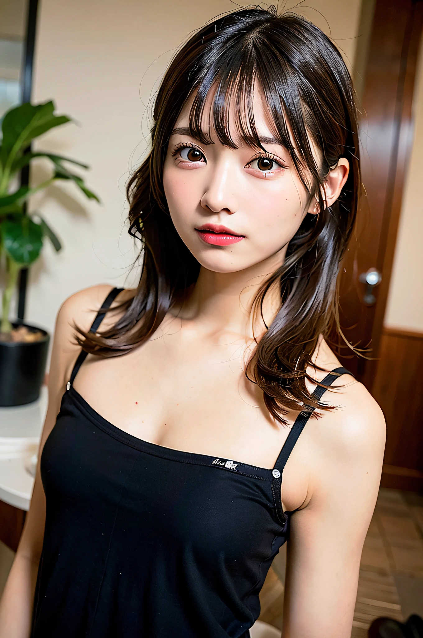Top quality, ultra high resolution, (photorealistic: 1.4), 1 girl, (black hair: 1), (small breasts: 1.6), inside the hotel, looking up
