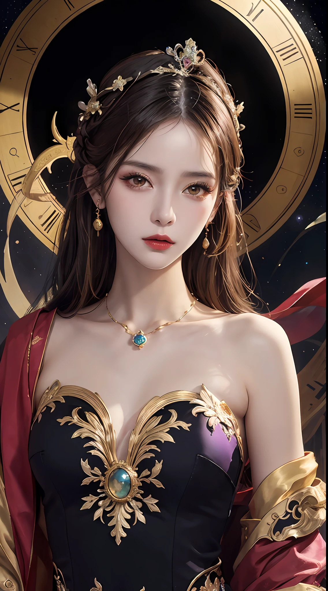 1 27-year-old girl, 1 zodiac goddess from the future, goddess of the pink and purple 12 zodiacs, the goddess of the zodiac in a yellow ao dai, a 12 zodiac ao dai with many black lace detail, mythology Goddess of the 12 zodiacs from the future, zodiac ♏, luxurious glittering zodiac style, dark and mysterious version, zodiac crown, lipstick lips red, thin and beautiful lips, Smile makes viewers fall in love, characters made by karol bak and pino daeni, intricate detail, detailed background, extremely detailed, light magic, a woman, clear face, look at the face of goddess zodialook at the zodiac goddess face, hair long with bangs, beautiful face in detail and well-proportioned eyes, (transparent yellow eyes: 1.8), big round eyes and very beautiful and detailed makeup, foresight, silk dress, mysterious makeup, double bangs and dyed light blonde, uper body, zodiac goddess uper body, arms hanging loosely, Realistic and vivid photo, (stars make up the zodiac: 1.7), (sky background zodiac and fictitious space and time portal: 1.8), fiction art, RAW photo, hanfu picture, best photo, best photo quality, 8k quality, 8k ultra, super realistic, real photo most economical, artistic portrait of goddess zodiac,