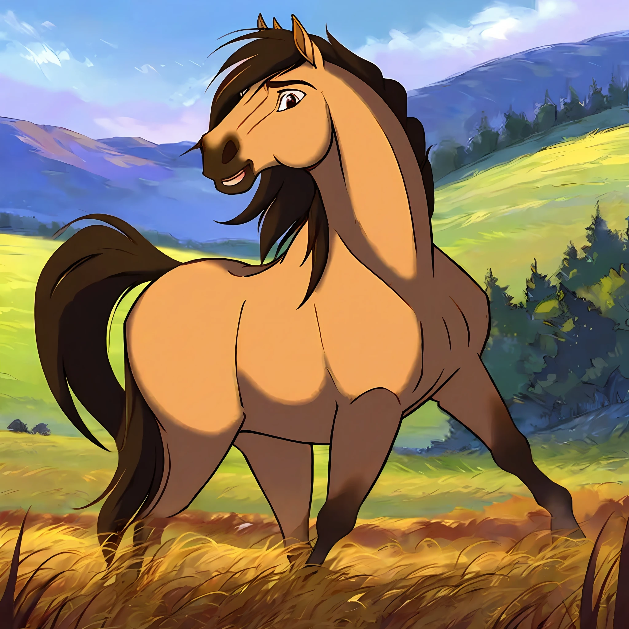 Spirit2002, horse galloping on the prairie, beautiful horse, one head, four legs, long mane, anatomically correct horse, Cartoon, prairies, mountains, freedom, white clouds, tall grass