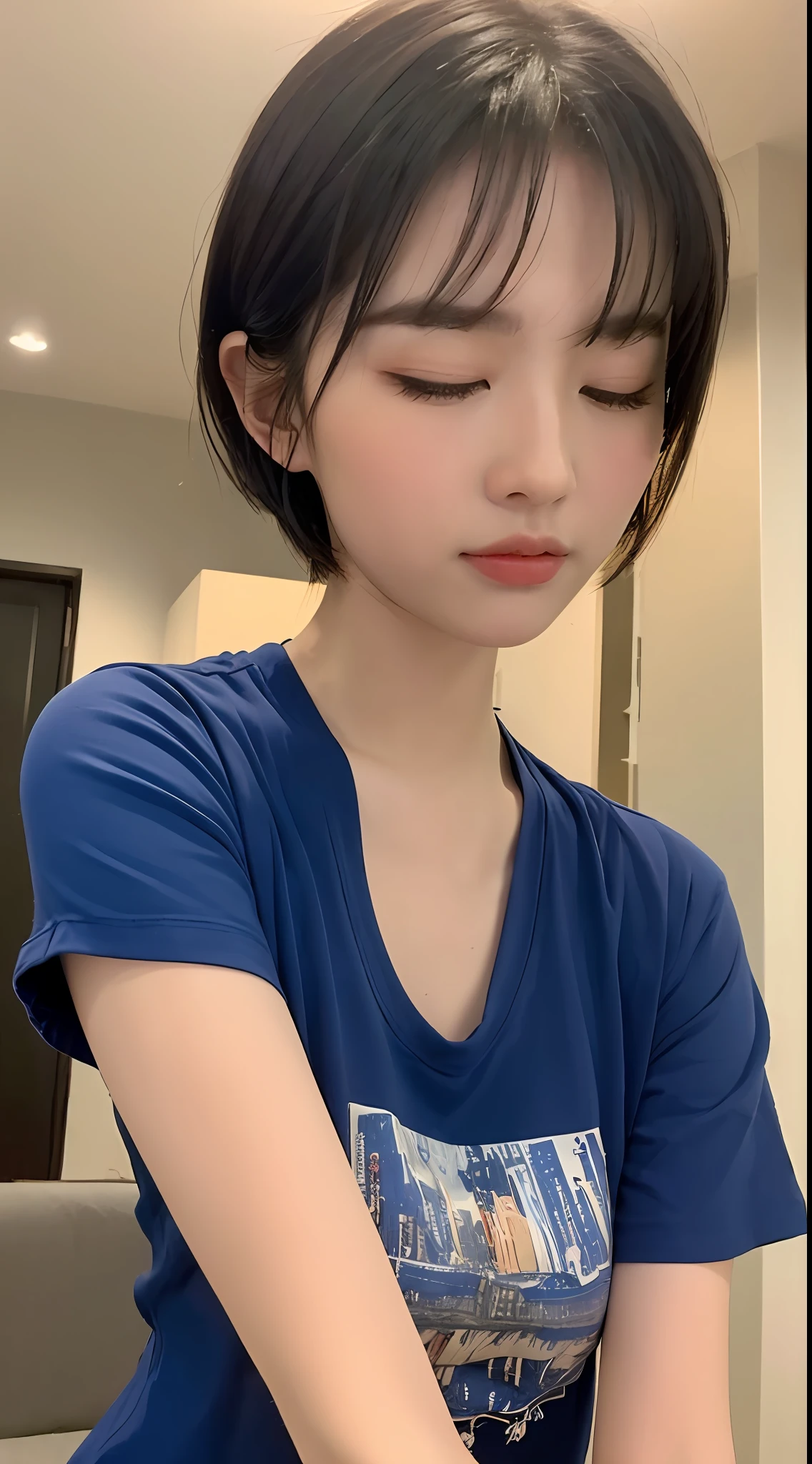 ((Best quality, 8k, Masterpiece :1.3)), Sharp focus :1.2, Perfect Body Beauty: 1.4, ((Layered short hair: 1.2)), (Short sleeves: 1.1 ), (Night: 1.2), Highly detailed face and skin texture, eyes closed, (wishing action: 1.3),