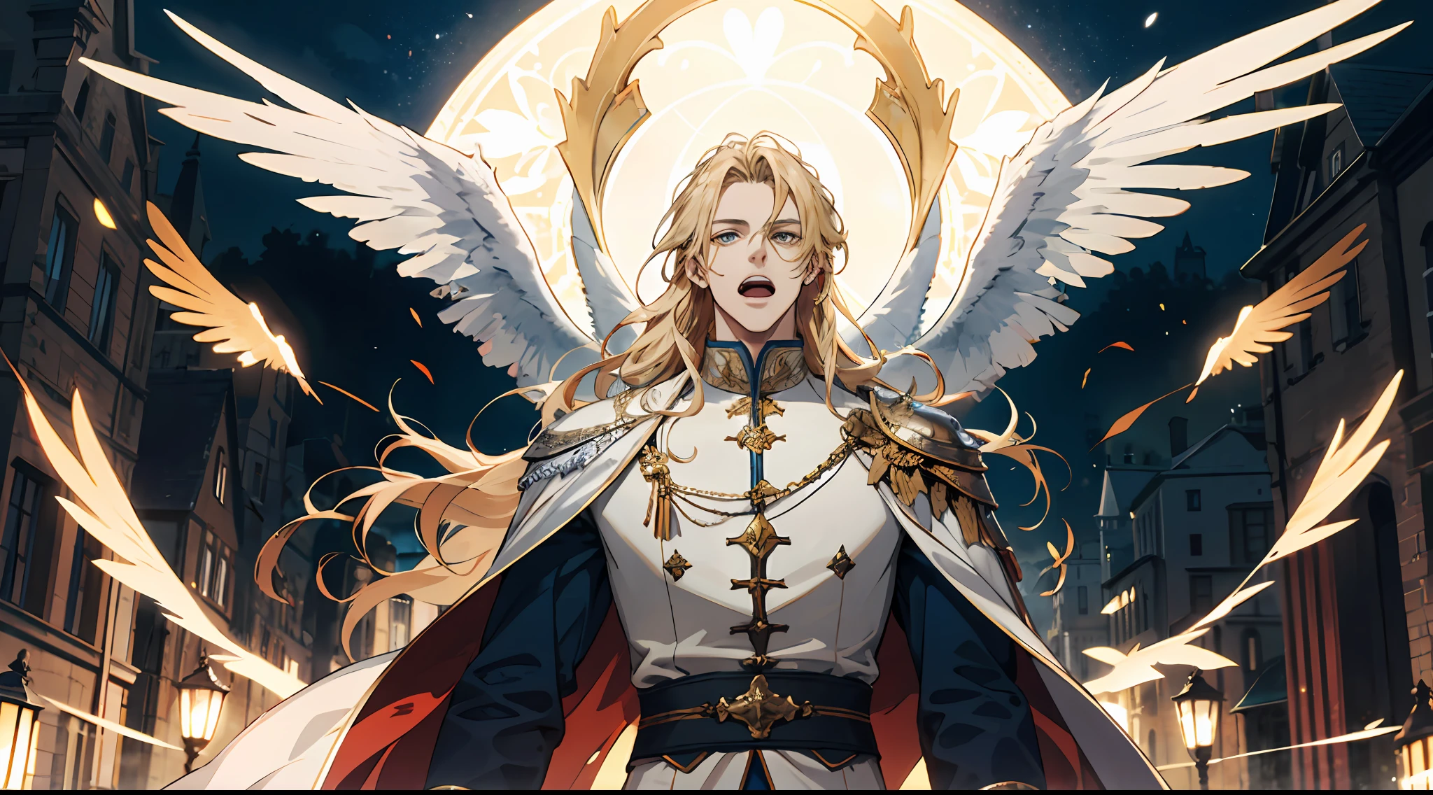 (absurd, high resolution), (panorama) (1 male), middle-aged, long blonde hair, blue and white dress, golden decoration, (tall), open mouth, 3 pairs of huge wings, broad arms, angel, medieval town background, castle, powerful, majestic, intense luster, white-gold dress, exquisite clothes, golden streamer, golden magic around the whole body, ((flying in the air)), panorama,