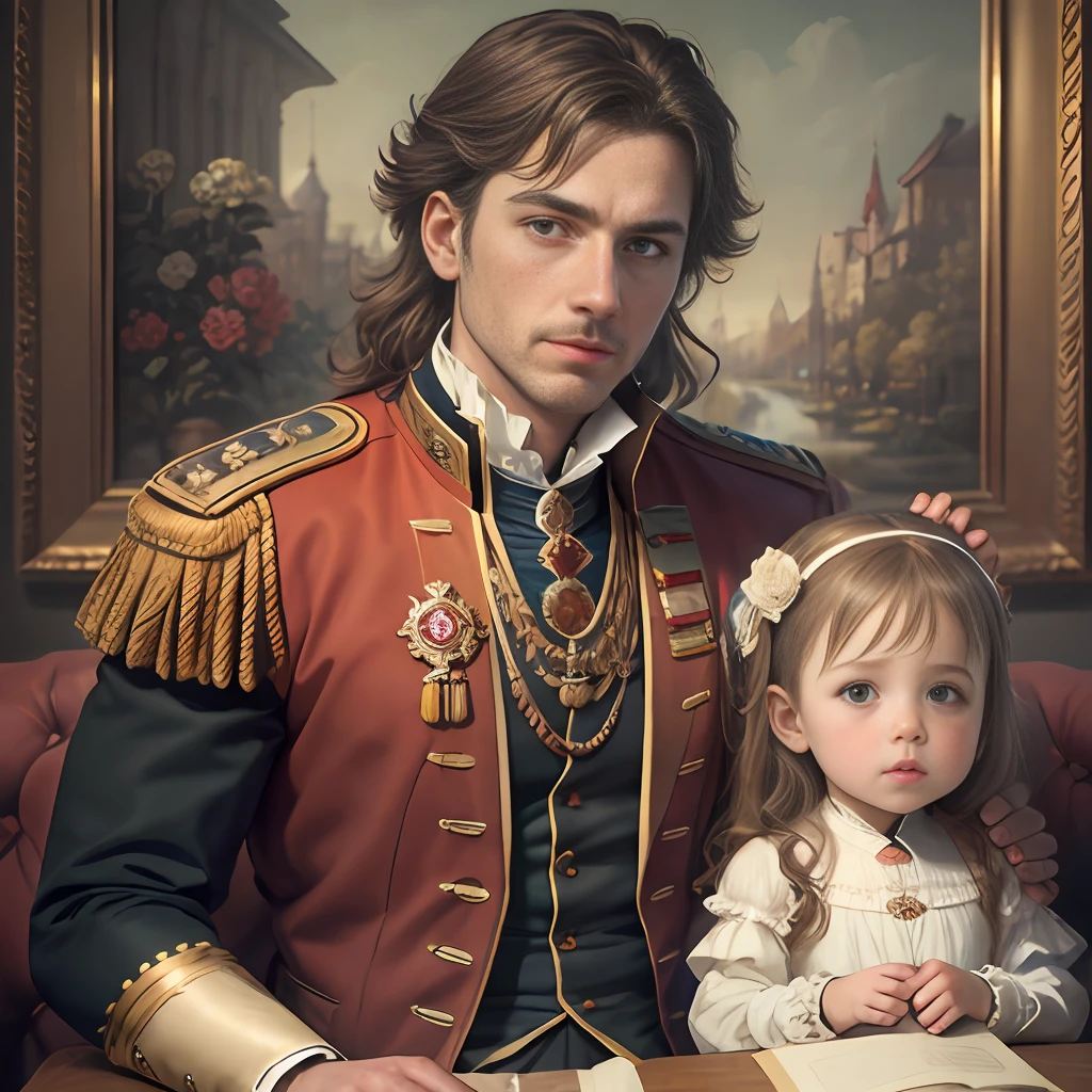 Masterpiece portrait, realistic, intricate details, cinematic lighting, high dynamic range, there is a man and a woman sitting next to a , portrait of a family of three, family portrait, Vladimir Novak, romantic portraiture, royal portraiture, fine art portraiture, inspired by Pierre Auguste Court, realistic Renaissance portrait, classic portrait, Laszló Balog, Roman Bazepalkiv, traditional portrait, royal portrait, 16K, best quality