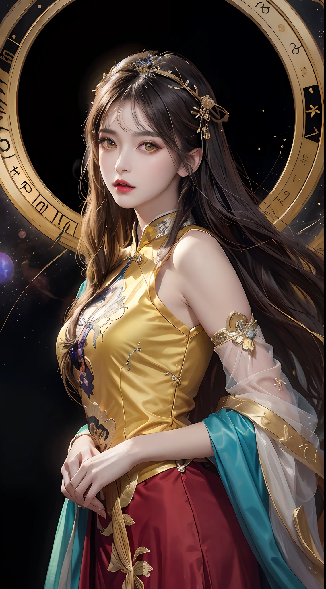 1 27-year-old girl, 1 zodiac goddess from the future, goddess of the pink and purple 12 zodiacs, the goddess of the zodiac in a yellow ao dai, a 12 zodiac ao dai with many black lace detail, mythology Goddess of the 12 zodiacs from the future, zodiac ♏, luxurious glittering zodiac style, dark and mysterious version, zodiac crown, lipstick lips red, thin and beautiful lips, Smile makes viewers fall in love, characters made by karol bak and pino daeni, intricate detail, detailed background, extremely detailed, light magic, a woman, clear face, look at the face of goddess zodialook at the zodiac goddess face, hair long with bangs, beautiful face in detail and well-proportioned eyes, (transparent yellow eyes: 1.8), big round eyes and very beautiful and detailed makeup, foresight, silk dress, mysterious makeup, double bangs and dyed light blonde, uper body, zodiac goddess uper body, arms hanging loosely, Realistic and vivid photo, (stars make up the zodiac: 1.7), (sky background zodiac and fictitious space and time portal: 1.8), fiction art, RAW photo, hanfu picture, best photo, best photo quality, 8k quality, 8k ultra, super realistic, real photo most economical, artistic portrait of goddess zodiac,