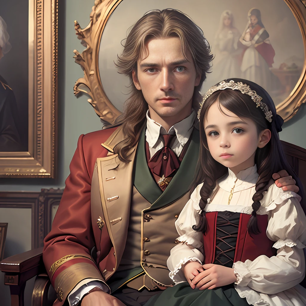 Masterpiece portrait, realistic, intricate details, cinematic lighting, high dynamic range, there is a man and a woman sitting next to a little girl, portrait of a family of three, family portrait, Vladimir Novak, romantic portraiture, royal portraiture, fine art portraiture, inspired by Pierre Auguste Court, realistic Renaissance portrait, classic portrait, Laszló Balog, Roman Bazepalkiv, traditional portrait, royal portrait, 16K, best quality