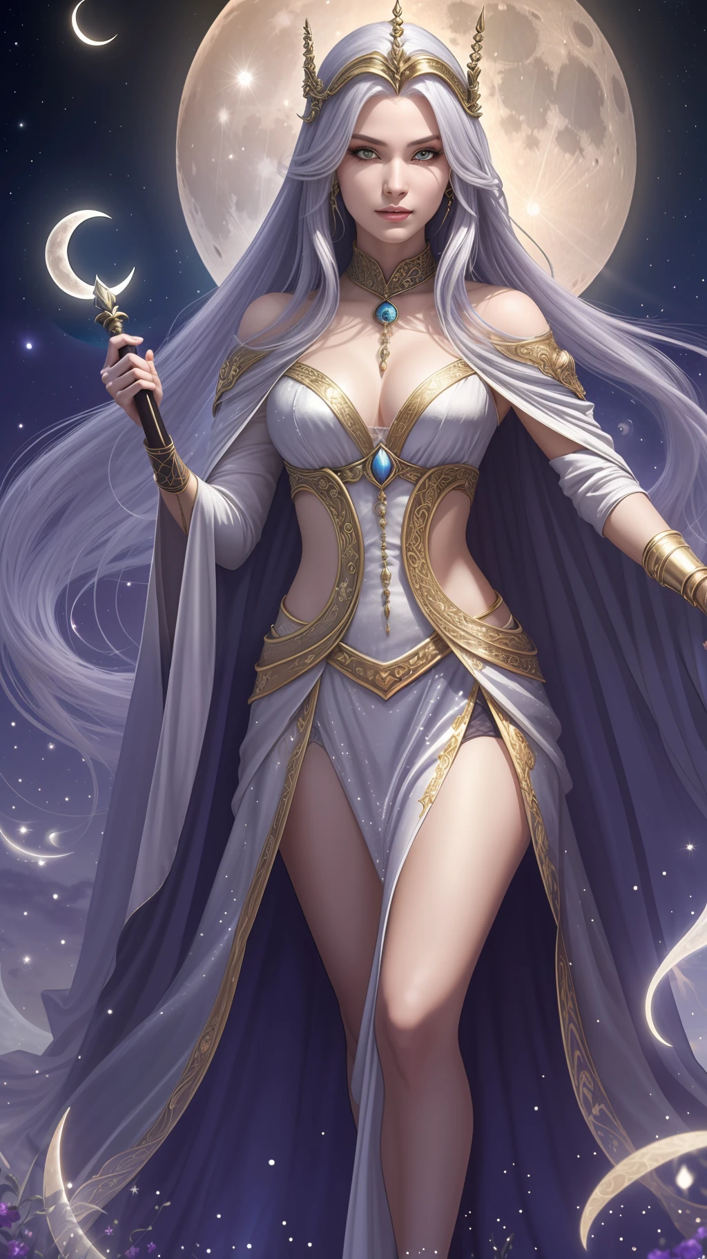 Eclipse, the Lunar Sorceress:
Description: A mysterious sorceress with long, flowing silver hair and an ethereal presence. Wears a celestial robe and carries a staff adorned with a crescent moon.
Abilities: Manipulates moonlight, casts powerful lunar spells, and can create lunar illusions