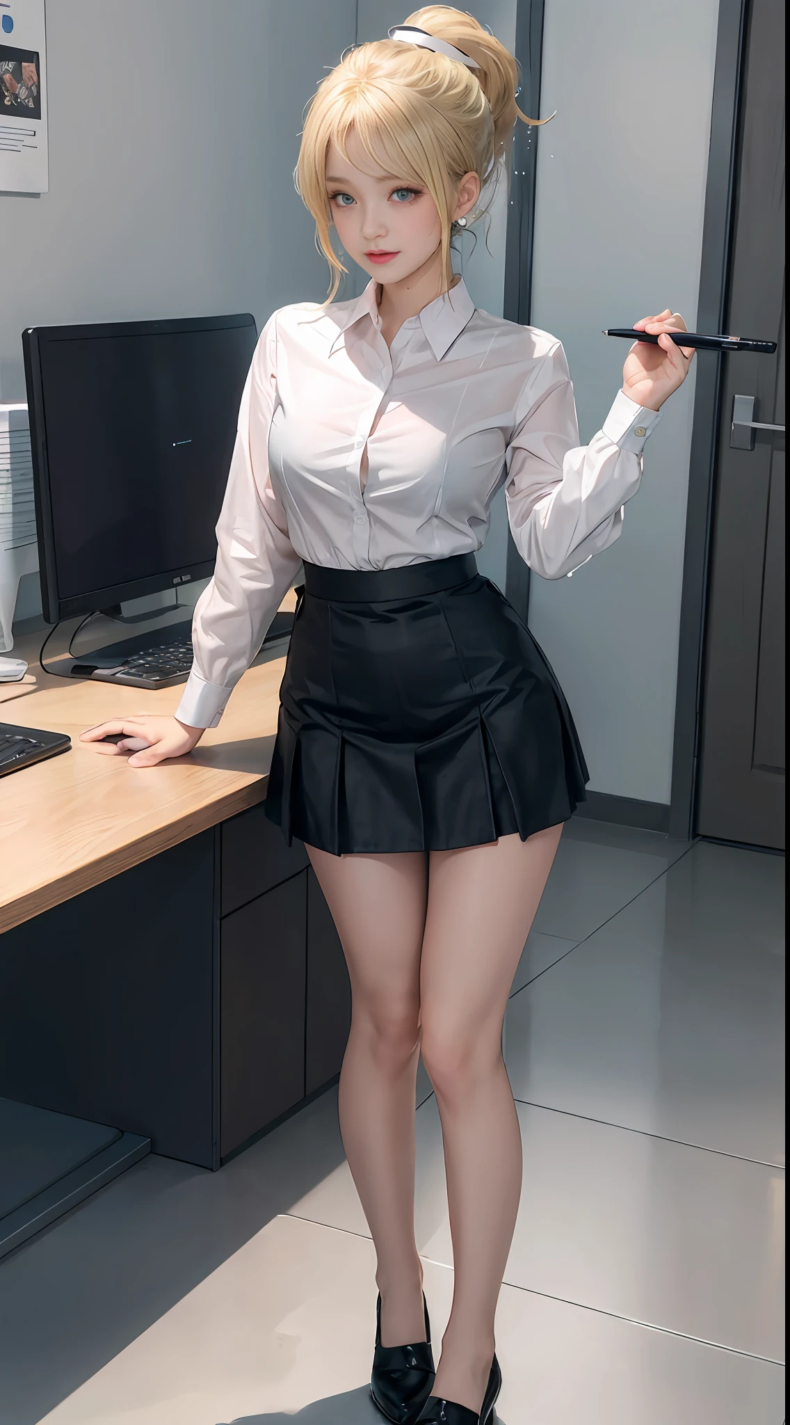 High quality, best quality, masterpiece, 8K, ultra-real, ridiculous, vibrator in panties, 1 girl, office, blonde, business suit, pen holder skirt, standing with legs extended: 1.1, blush, ponytail, wet panties, sitting, wet floor, (open clothes, expose entire breasts, flirt skirt: 1.1),