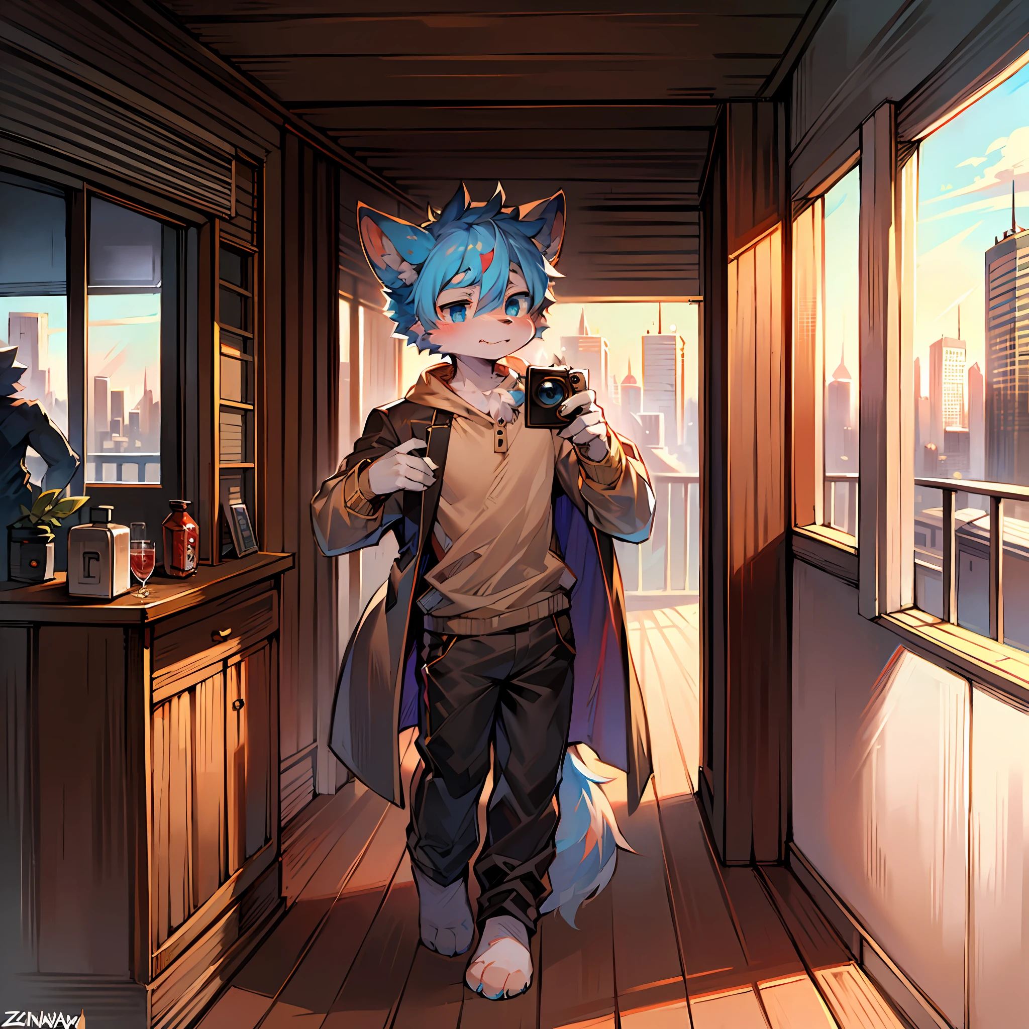 Zackary911, by Majmajor, by Syuro, by Dagasi, by Wolfwithwing, by Hanuvo, by Tabhead, by Zinfyu, by Seraziel, (by Dagasi: 1.1), BREAK, Masterpiece, High Resolution, 8k, Detailed Background, High Quality, Dog, Male, Gray Fur, Gray Fur, Gray Fur, Blue Eyes, Dog Ears, furry dog tail, full body hair, wearing modern clothes, beige coat, city, camera in hand, daytime, cute boy, single
