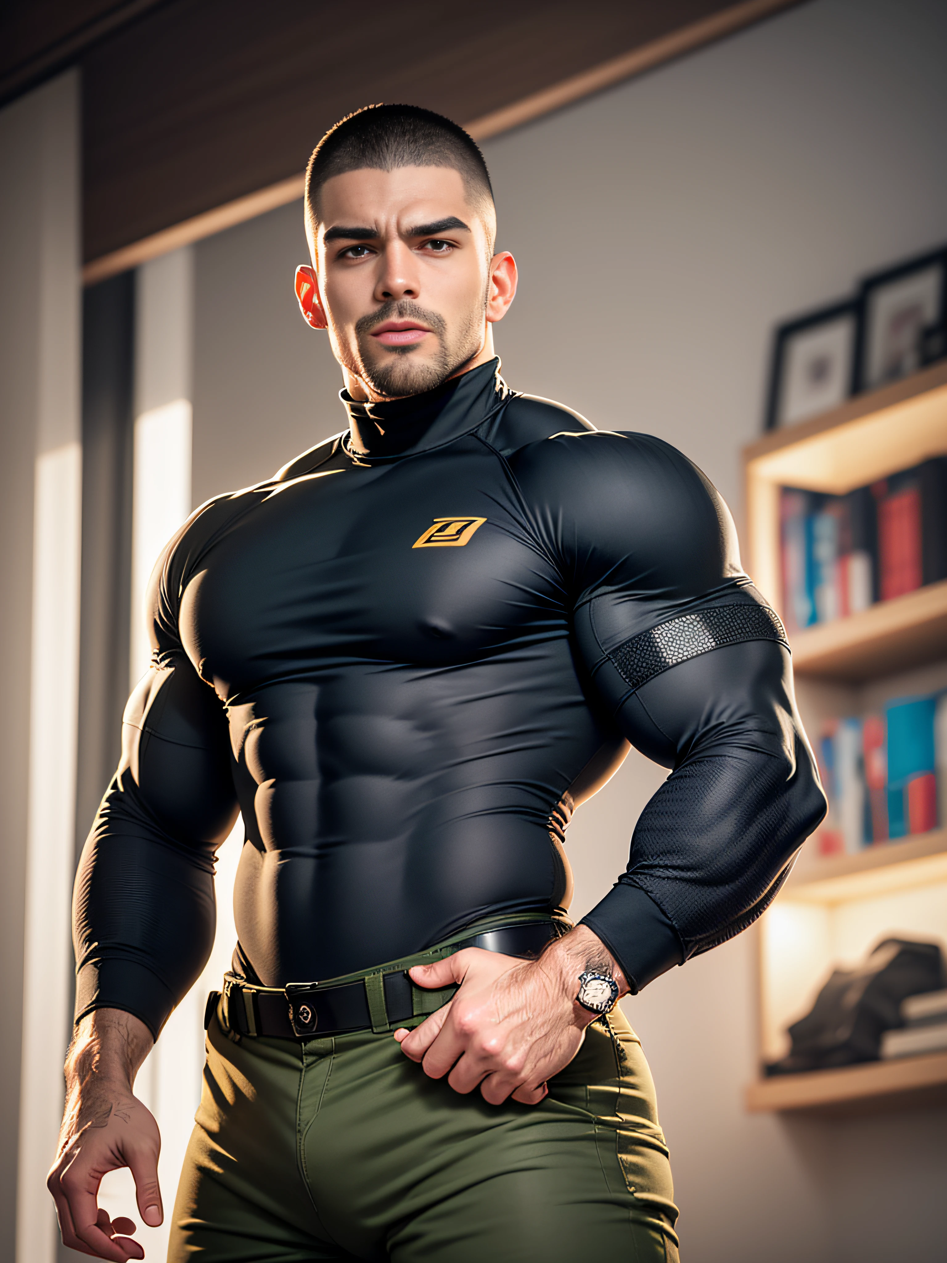 Character design (open-mouth muscular special forces, Buzz Cut, tough guy) wearing a long-sleeved dark black high-neck stretch tight T-shirt, thickened warm security uniform, standing in a luxurious bedroom, looking mesmerized and enjoyed, eyes slightly narrowed, mouth open into an O-shape, expression enjoyment, deep and charming eyes, emerald-like pupils, he is tall, burly, muscular! Sexy charming muscular leg muscles, tall burly, dark black long sleeve stretch turtleneck skinny T-shirt, super gain and cool, high resolution commission, white sneakers, warm lights on the body, camouflage pants, expression mesmerized enjoyment