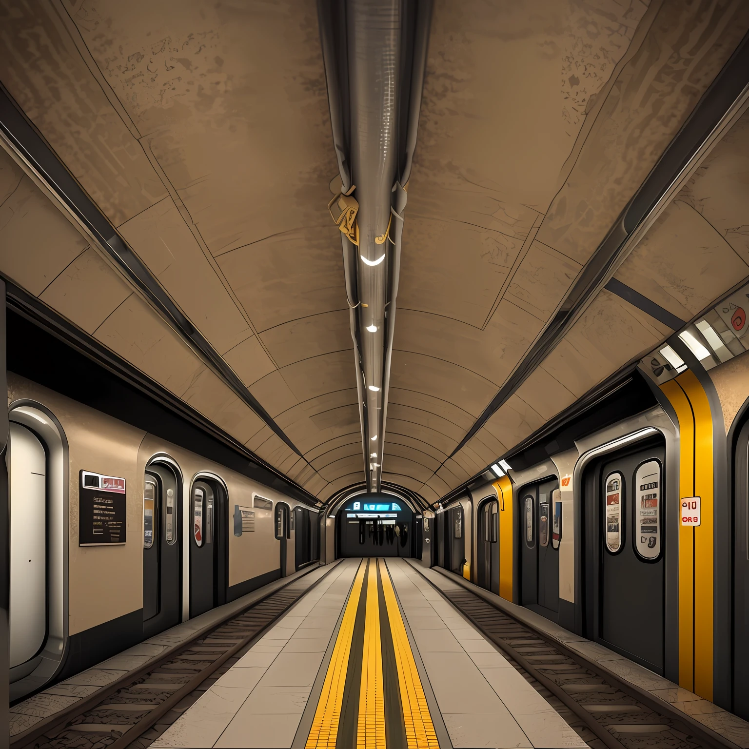 full shot Portrait of a subway station, dark, realistic, stunning realistic photography, 3d rendering, octane rendering, intricately detailed, cinematic, trend in artstation, isometric, hypereallistic centered cover photo, amazing color, hand drawn, dark, sandy, mucha, klimt, erte 12 --auto
