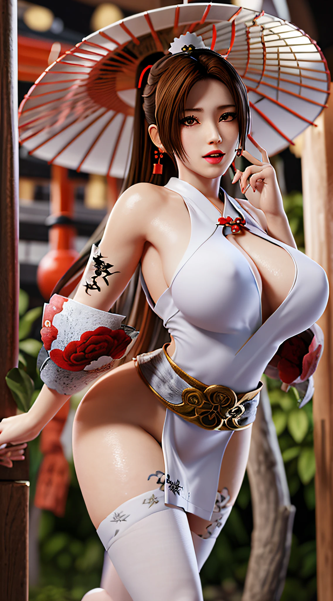 long shot,nighttime,akiryo-mai ,(Expose armpit: 1.7),Necklaces, earrings,Brownish red hair,see-through,(Japanese Shrine Witch Dress;White-clothes:1.6),(sweat:1.25), (Rose-tattoos :1.2) ,(((solo))),depth of field,(Masterpiece:1.5),(best quality:1.4),extremely detailed ,3D,Cinema-4D , 8k,Photorealistic ,( Charming female body), (gigantic breasts),Facing the camera, Pink lips,(((Finger details))),Subject centered,(((Extra hands))), (((extra legs))),