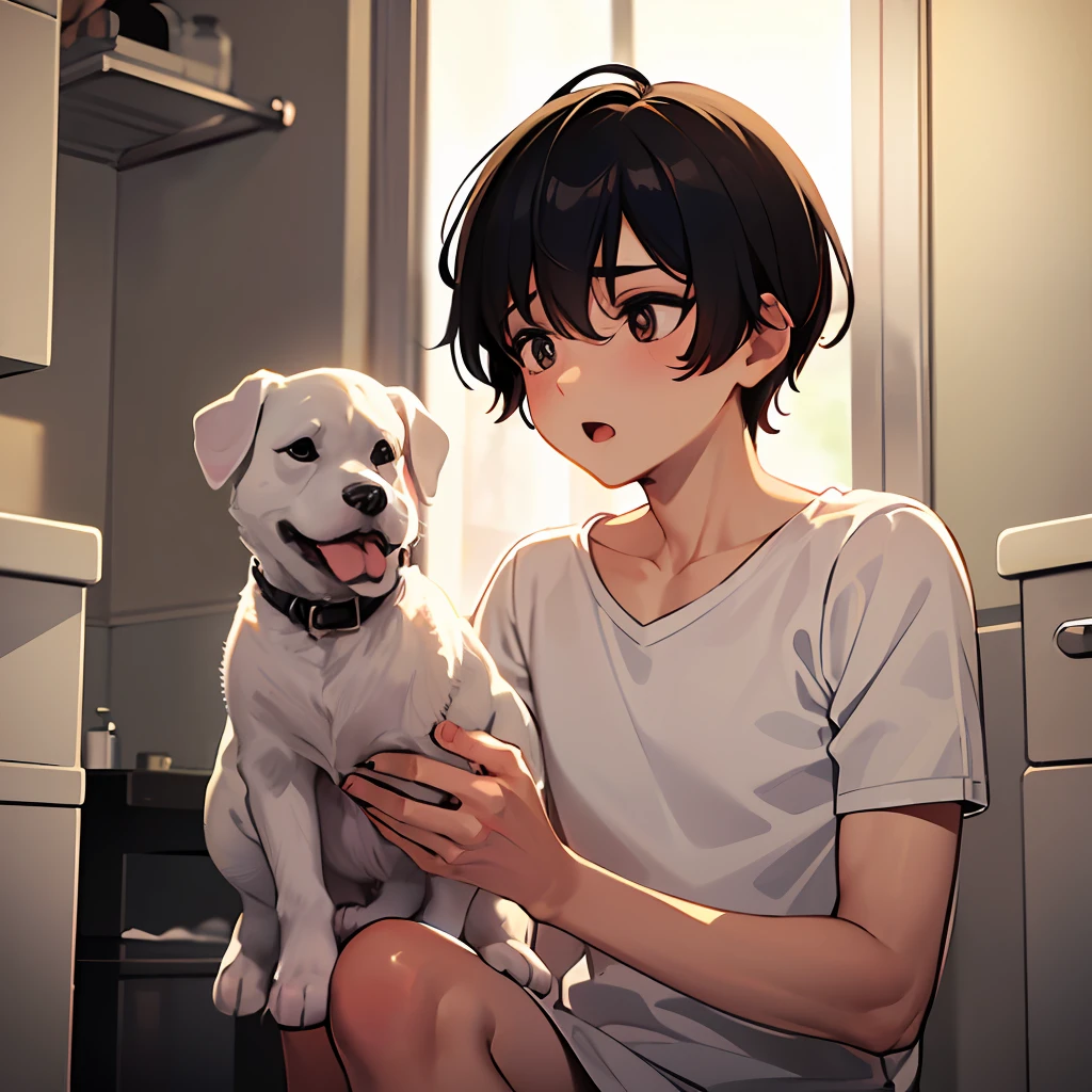 (In the bathroom at home, a boy with short black hair bathes a cute white puppy: 1.9) (Puppy foam: 1.6) (Men, wearing a top: 1.8)
  (Dog sitting on the ground: 1.6) (Surprised expression on the dog's face: 1.9) (Masterpiece, Masterpiece: 1.5)