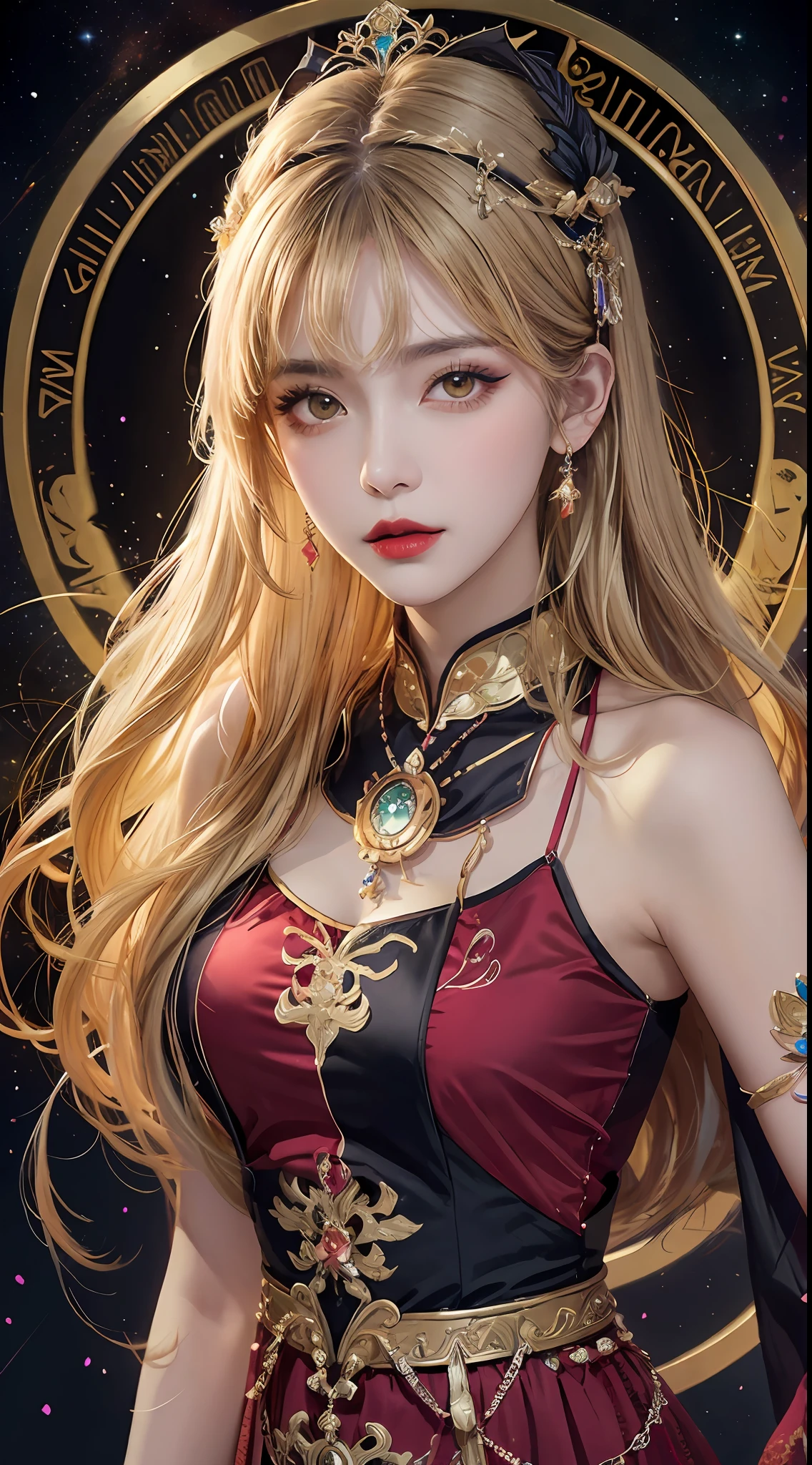 1 27-year-old girl, 1 zodiac goddess from the future, goddess of the pink and purple 12 zodiacs, the goddess of the zodiac in a yellow ao dai, a 12 zodiac ao dai with many black lace detail, mythology Goddess of the 12 zodiacs from the future, zodiac ♏, luxurious glittering zodiac style, dark and mysterious version, zodiac crown, lipstick lips red, thin and beautiful lips, Smile makes viewers fall in love, characters made by karol bak and pino daeni, intricate detail, detailed background, extremely detailed, light magic, a woman, clear face, look at the face of goddess zodialook at the zodiac goddess face, hair long with bangs, beautiful face in detail and well-proportioned eyes, (transparent yellow eyes: 1.8), big round eyes and very beautiful and detailed makeup, foresight, silk dress, mysterious makeup, double bangs and dyed light blonde, uper body, zodiac goddess uper body, arms hanging loosely, Realistic and vivid photo, (stars make up the zodiac: 1.7), (sky background zodiac and fictitious space and time portal: 1.8), fiction art, RAW photo, hanfu picture, best photo, best photo quality, 8k quality, 8k ultra, super realistic, real photo most economical, artistic portrait of goddess zodiac,