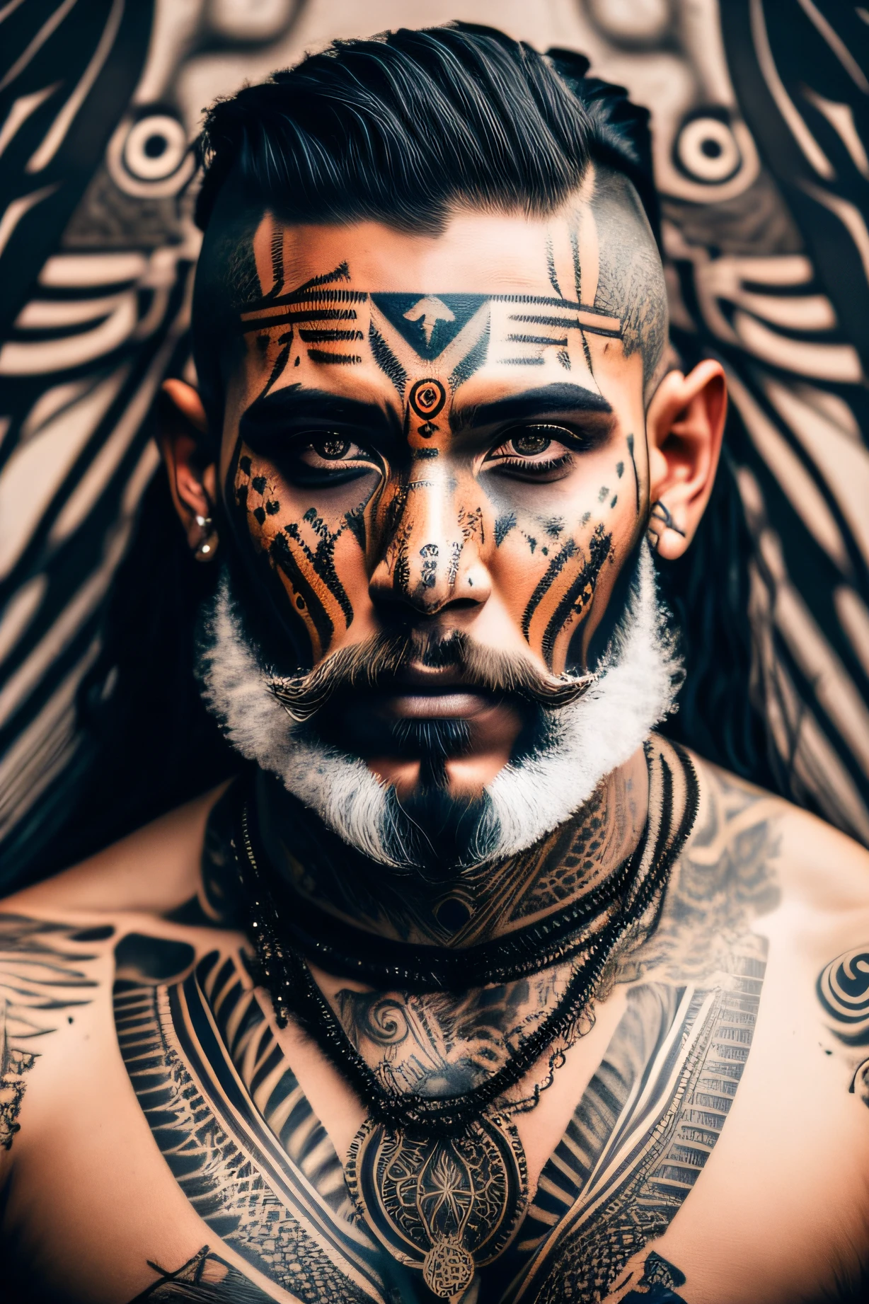 portrait a men tattoo skin, masterpiece,best quality, cinematic photo of a  ganger with beard andface tatoos, epic lighting, background in rio,