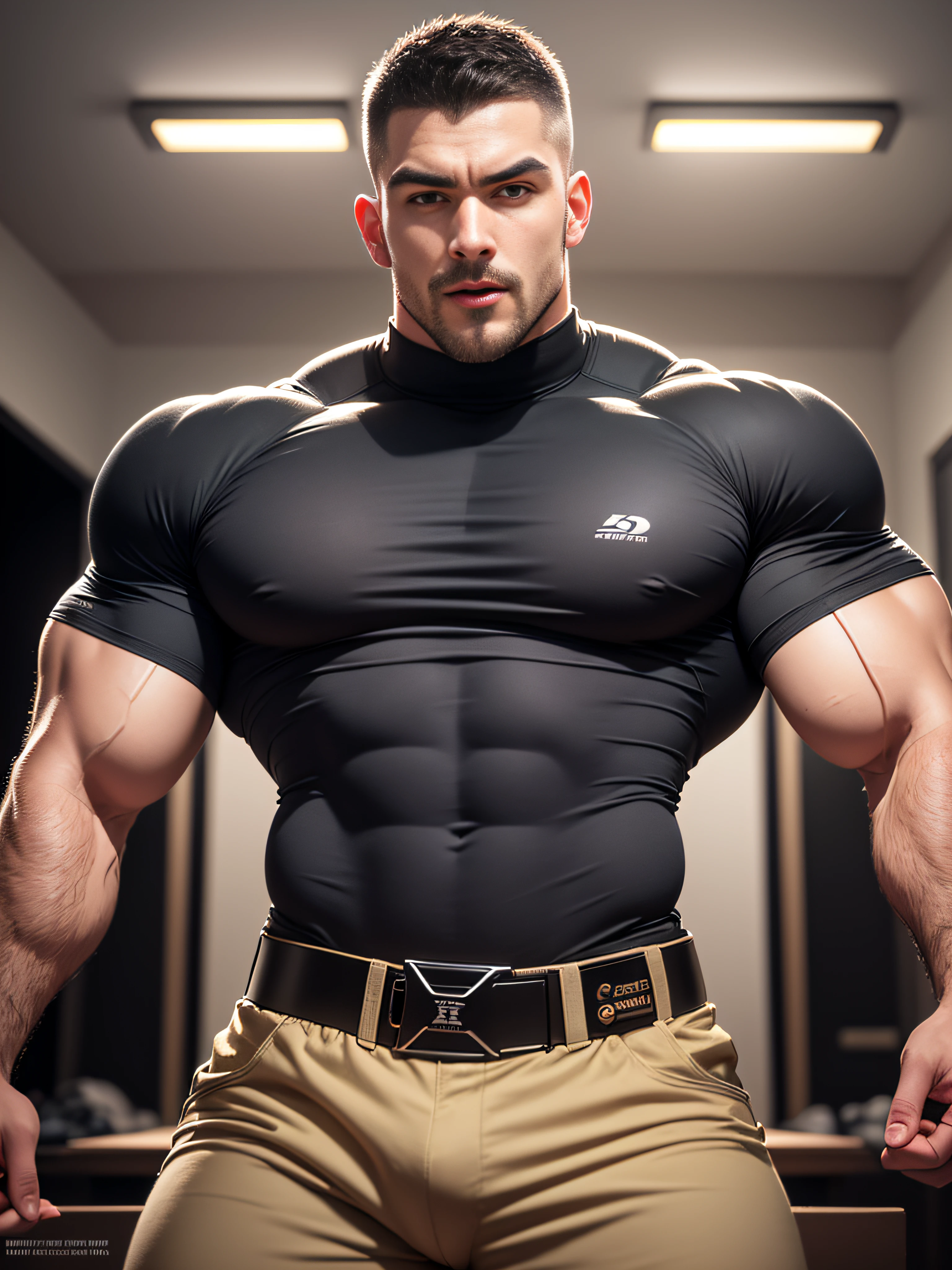 Character design (open-mouth muscular special forces, Buzz Cut, tough guy) wearing a long-sleeved dark black high-neck stretch tight T-shirt, thickened warm security uniform, standing in a luxurious bedroom, looking mesmerized and enjoyed, eyes slightly narrowed, mouth open into an O-shape, expression enjoyment, deep and charming eyes, emerald-like pupils, he is tall, burly, muscular! Sexy charming muscular leg muscles, tall burly, dark black long sleeve stretch turtleneck skinny T-shirt, super gain and cool, high resolution commission, white sneakers, warm lights on the body, camouflage pants, expression mesmerized enjoyment