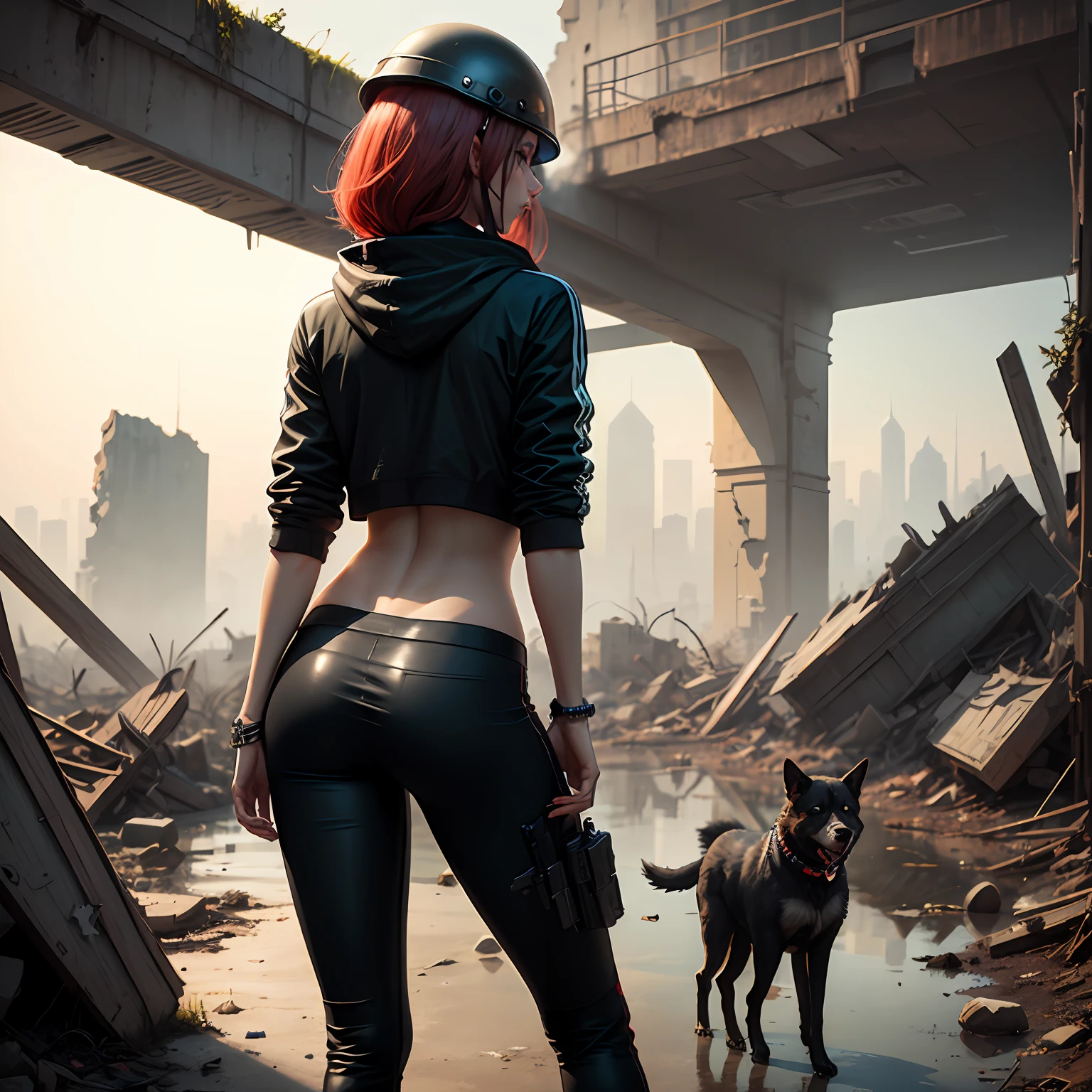 Realistic cyberpunk style, A woman with knee-length hair that is birchy from the roots, with red ends, standing with her back to look at the ruins of the city, in a green field, Dressed in black jogger pants, wearing black knee-high boots, and a black hooded kovat, Standing on the floor of the ruined bridge, there is a puddle of blood on the left and a machine gun with an armored helmet in it, and a dog on the right.