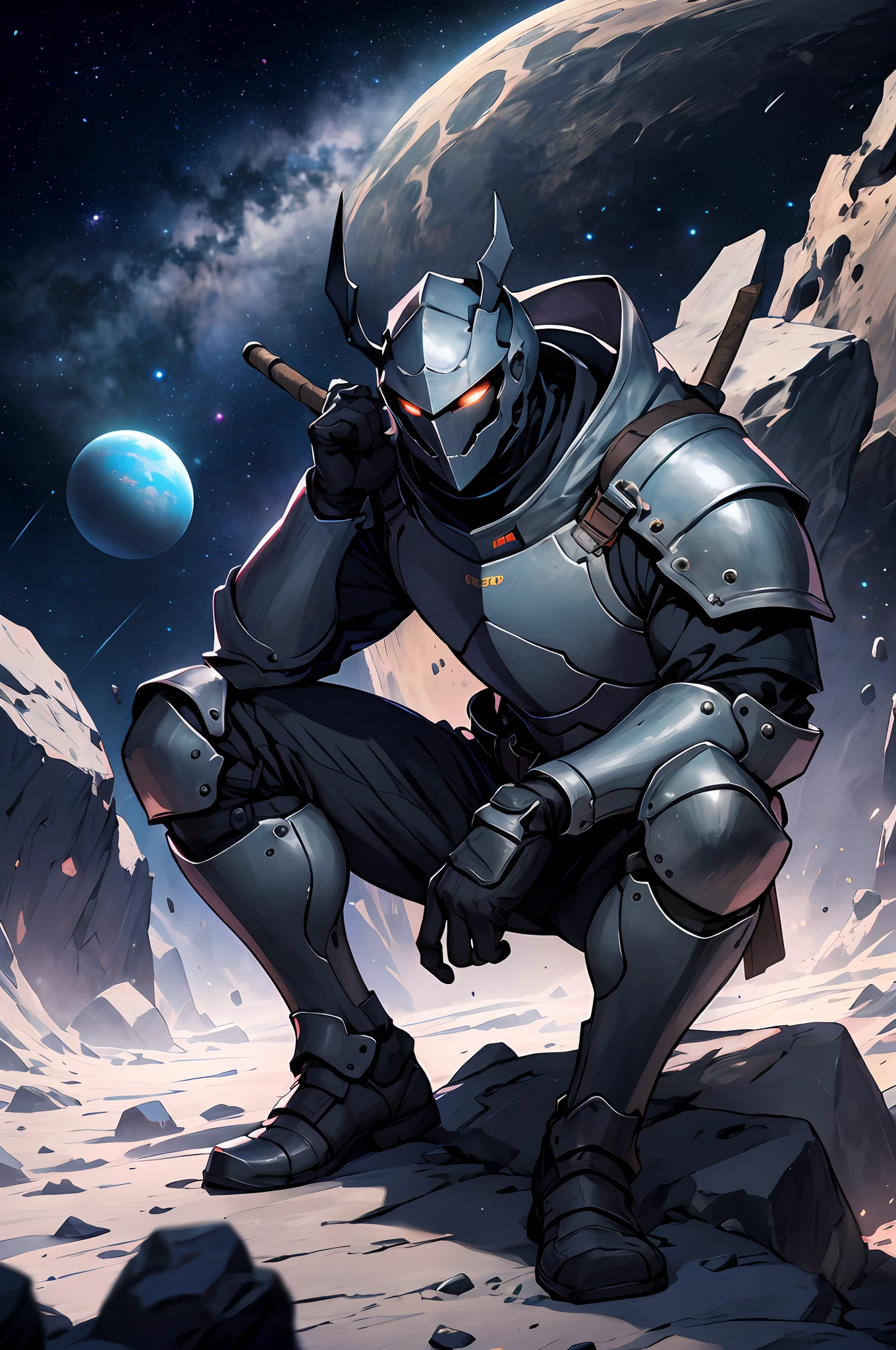 Draw a closeup of a medieval knight, sitting on a stone platform floating in the middle of an asteroid belt. He is carrying a big axe, surrounded by several asteroids. Dramatic lighting from distant stars and planets illuminates the scene, casting deep shadows on the suit. The young man looks confident and determined, looking at the vast and mysterious universe with wonder and respect,facial hair.