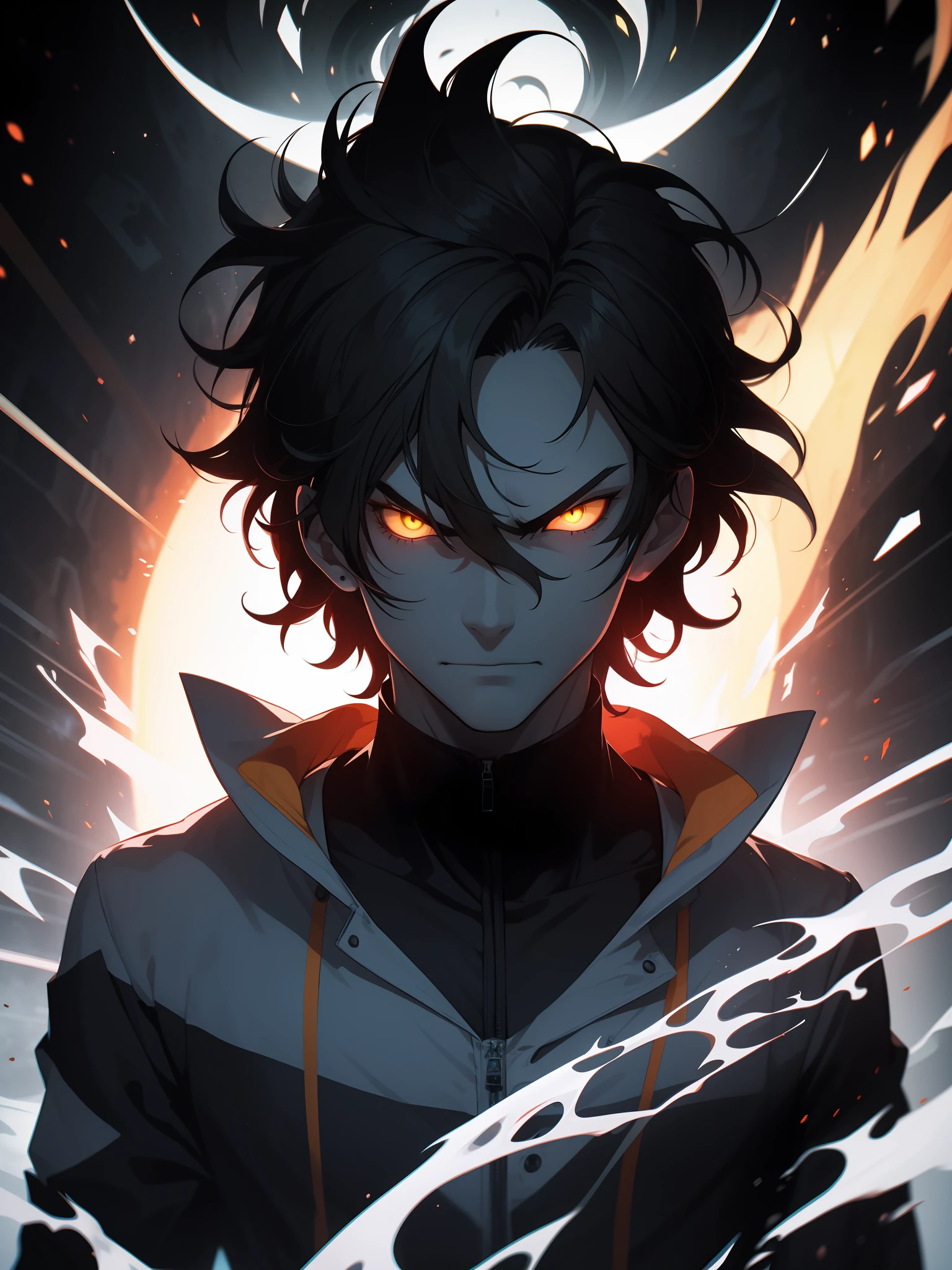 Man with messy hair, black and orange in color, wearing scientist's clothes, with yellow eyes, holding a black hole, black hole aura, evil look
