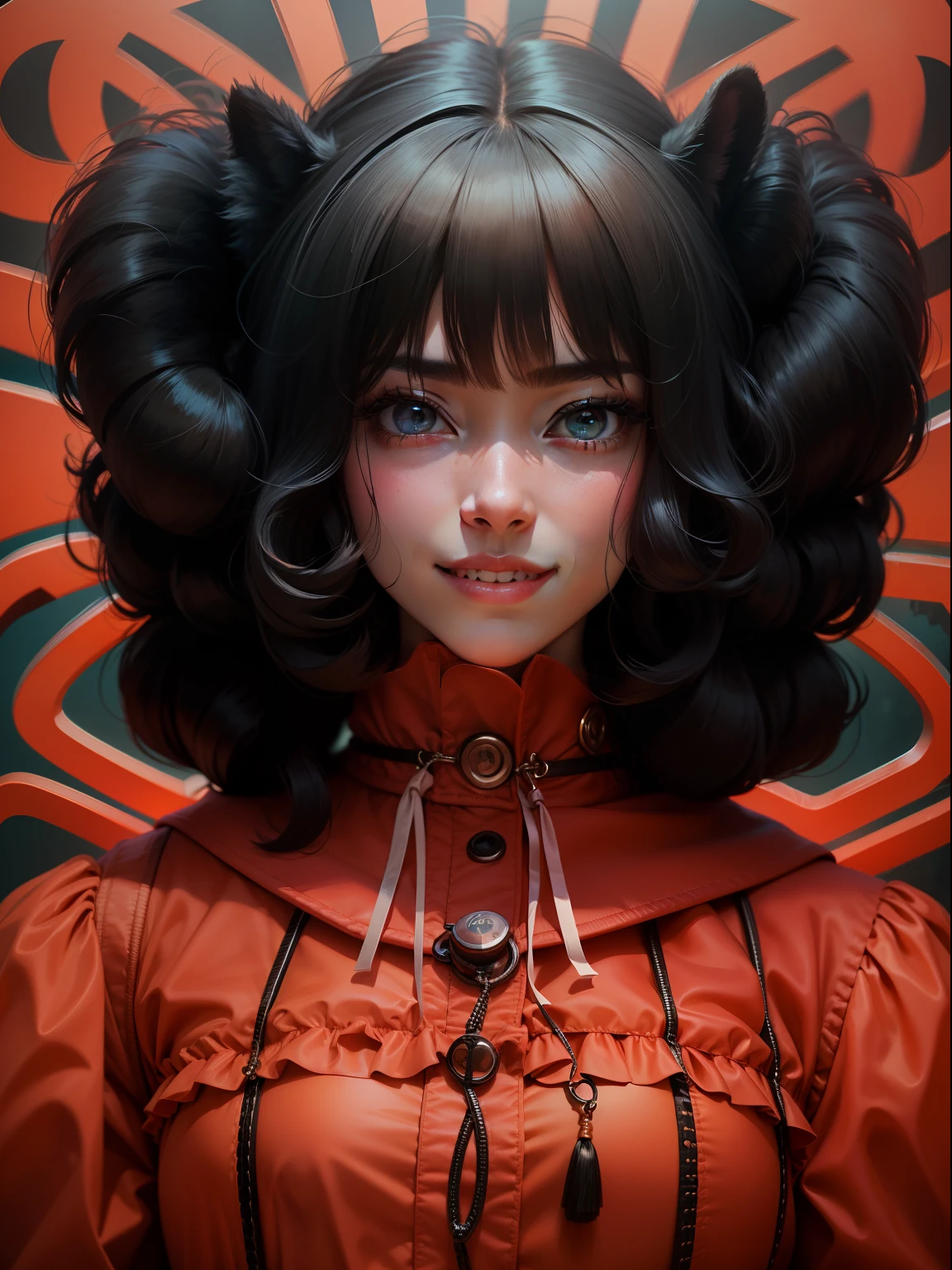 black hair, hair bobbles, wince, longeyelashes, solid circle eyes, fake animal ears, light smile, ear blush, fang, Surrealism, drop shadow, anaglyph, stereogram, tachi-e, pov, atmospheric perspective, 8k, super detail, ccurate, best quality --auto