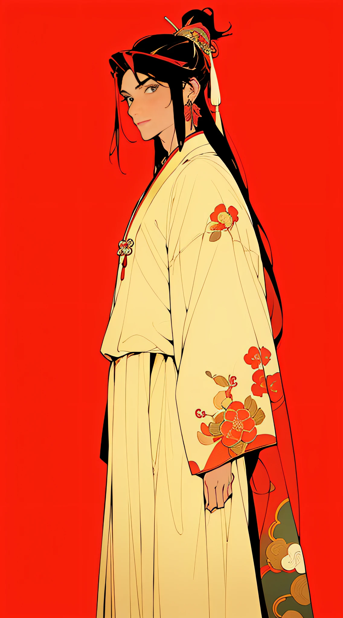 ((illustration of a man in traditional Chinese clothing)), (1 boy solo), close-up, facing the camera, (resolute eyes, handsome), (ancient Chinese clothes, white robe, embroidered collar Uesugi, white large-sleeved shirt, streamers), ((long black hair)), (ancient Chinese clothes, hair ponytail, streamers, tassels, silver thread, beading, embroidery, hairpins), (clear facial features, detailed skin texture, beautiful face), antique background, earrings, standing, (masterpiece, top quality, Best Quality), (((Flat Color))),