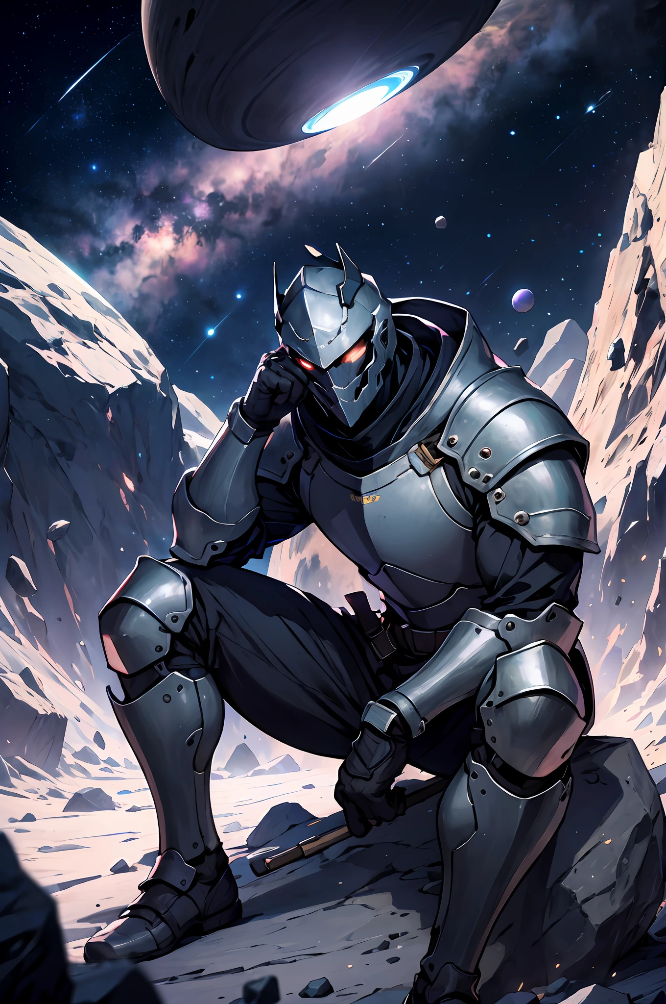 Draw a closeup of a medieval knight, sitting on a stone platform floating in the middle of an asteroid belt. He is carrying a big axe, surrounded by several asteroids. Dramatic lighting from distant stars and planets illuminates the scene, casting deep shadows on the suit. The young man looks confident and determined, looking at the vast and mysterious universe with wonder and respect,facial hair.