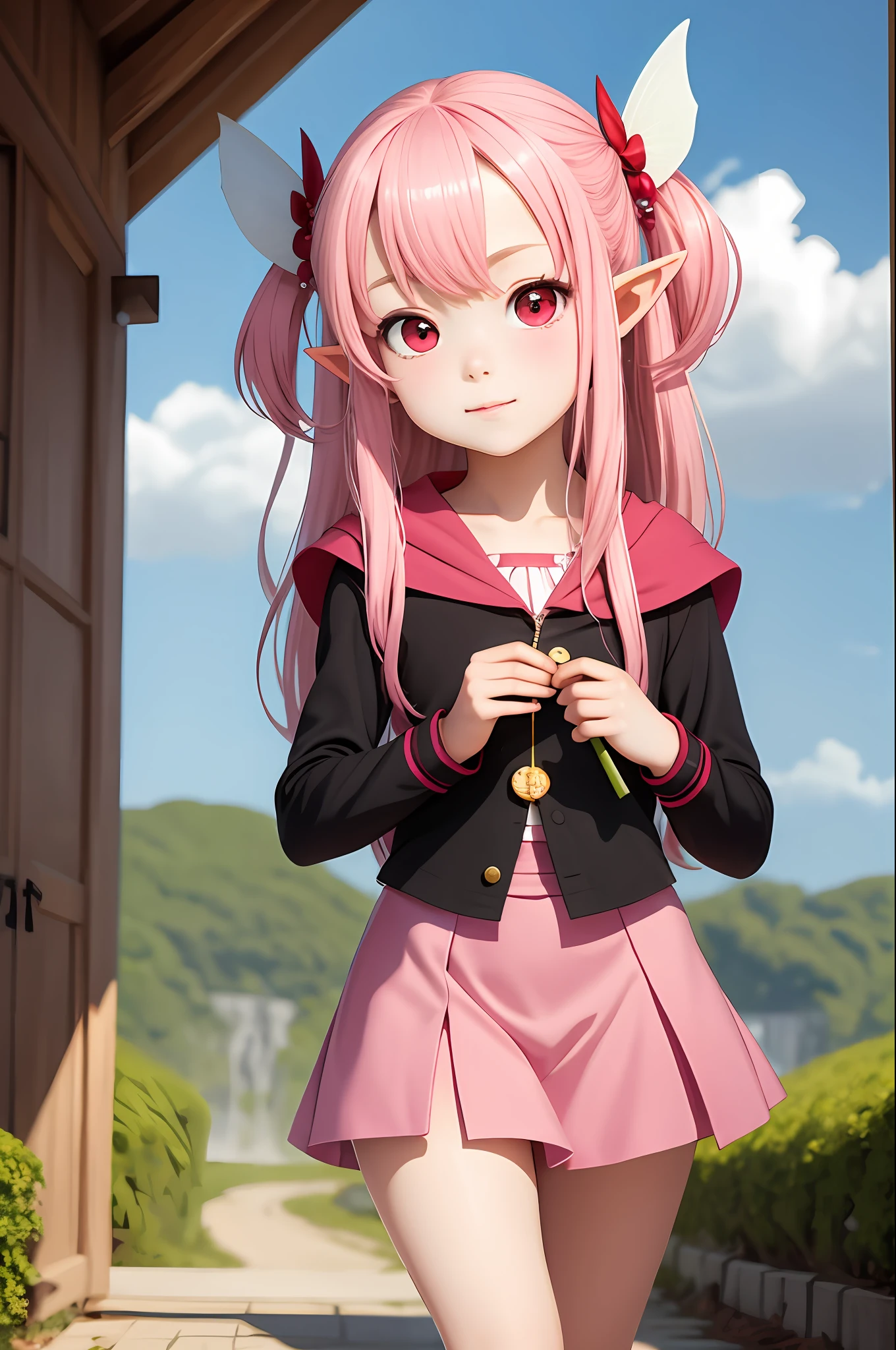 (Masterpiece, top quality: 1.3) cute girl, elf, fairy, one, pink hair, two side up, anime, juvenile, red-eyed, child,