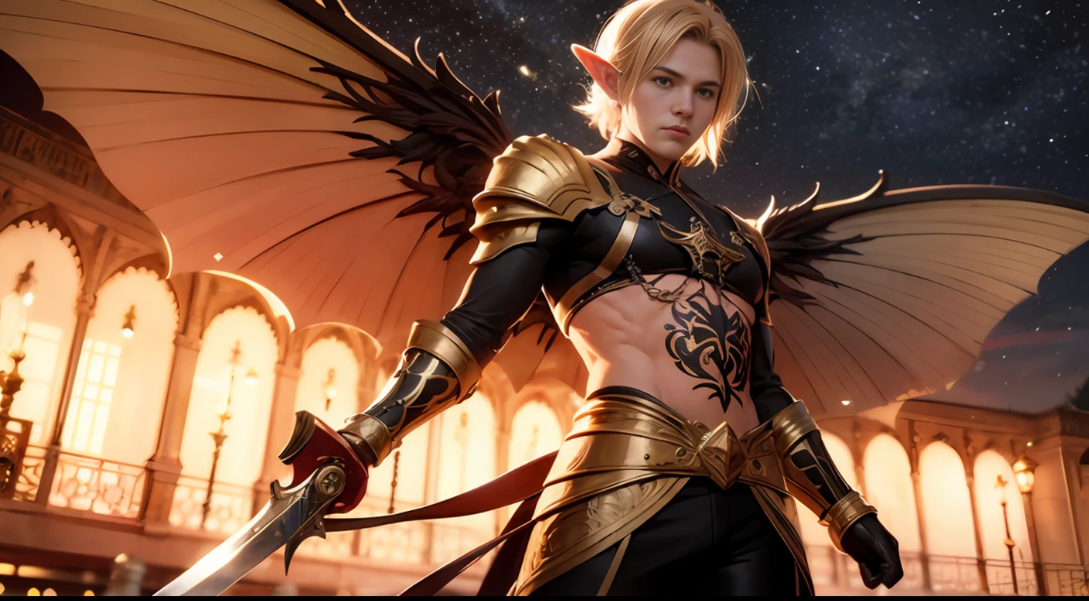 [Buff Toned Male Elf Hero cute Champion holding sword, proper proportions, fairy male handsome man, chest out, with blue and gold details, large wings, enchanted kingdom in the background, bokeh, vibrant colors, order of priority, desirable assets, RTX textures, beautiful work, superb craftsmanship, masterfully aligned, extremely intricate, detailed features, defined edges, intense focus, HDRI SDR, pic vid,  hyper realistic, high quality, maximum resolution, epic composition, cinematic lighting, full shot]:0.5 --auto