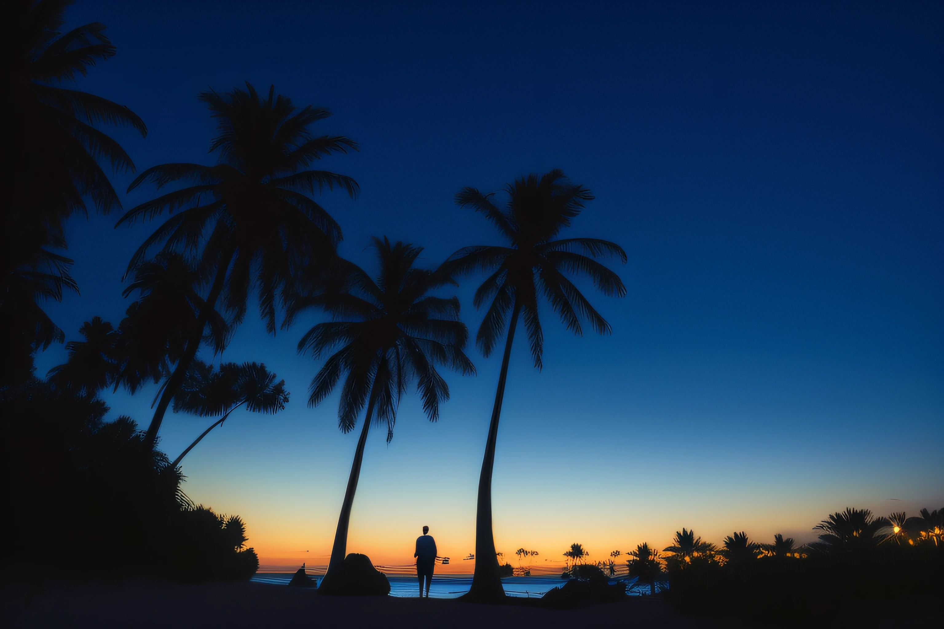 there are two people standing on the beach under palm trees, at sunrise, photography shot at blue hour, at twilight, blue hour photography, predawn, at dusk, at sunset, night setting, sunrise, at dawn, sunset, coconut trees, standing on the beach at sunset, dawn, at the sunset, looking at sunset, palm trees on the beach, nighttime