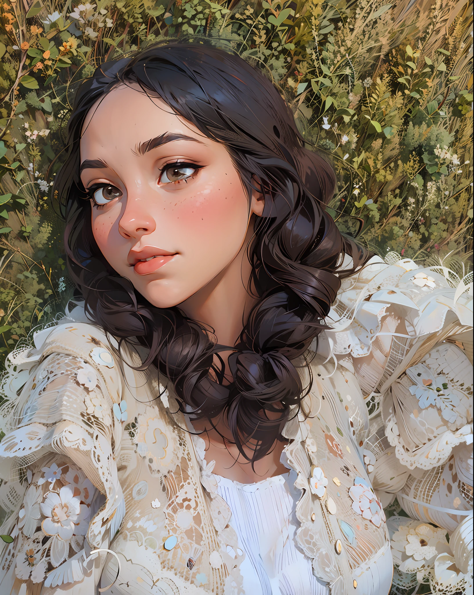 a hyper-realistic portrait of a young woman, under a tree, inside a forest, in the middle of nature, 22 years old, realistic, (lying on her side), sexy, (huge breasts 2:1), short brown hair, (hair tied with bows), curved, SFW