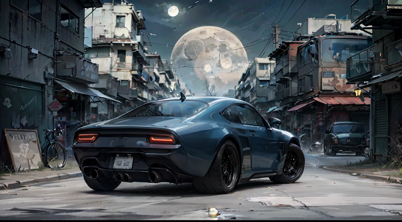 A metallic skeleton, (surreal) 8K, (realistic) focusing on your head, in the middle of an abandoned city with dark details around it, with the moon in the sky