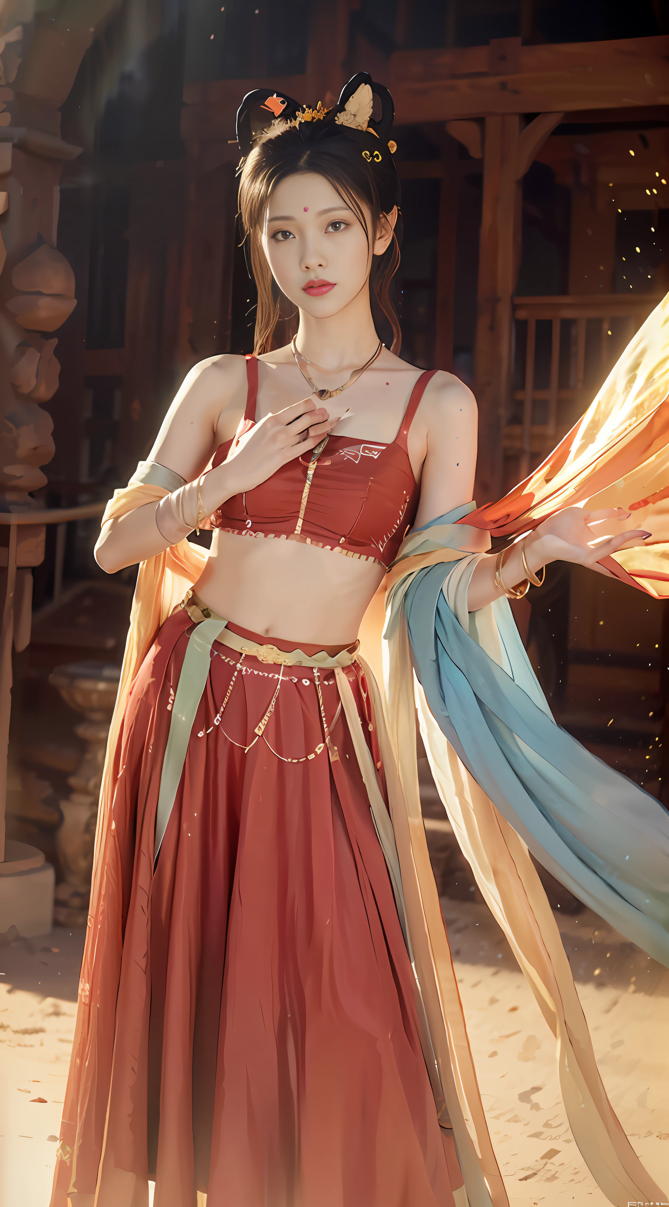 there is a woman in a red outfit holding a colorful scarf, palace , a girl in hanfu, hanfu, sha xi, with acient chinese clothes, jia, chinese costume, inspired by Lan Ying, cai xukun, traditional beauty, inspired by Du Qiong, full body xianxia, fantasy outfit, inspired by Lü Ji, inspired by Huang Ji
