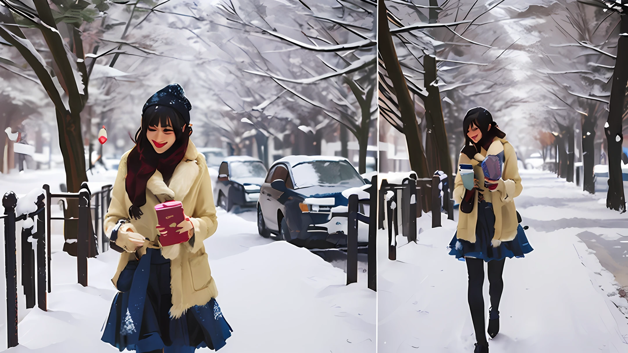 Create for me a snow scenario with a person walking with a book in hand