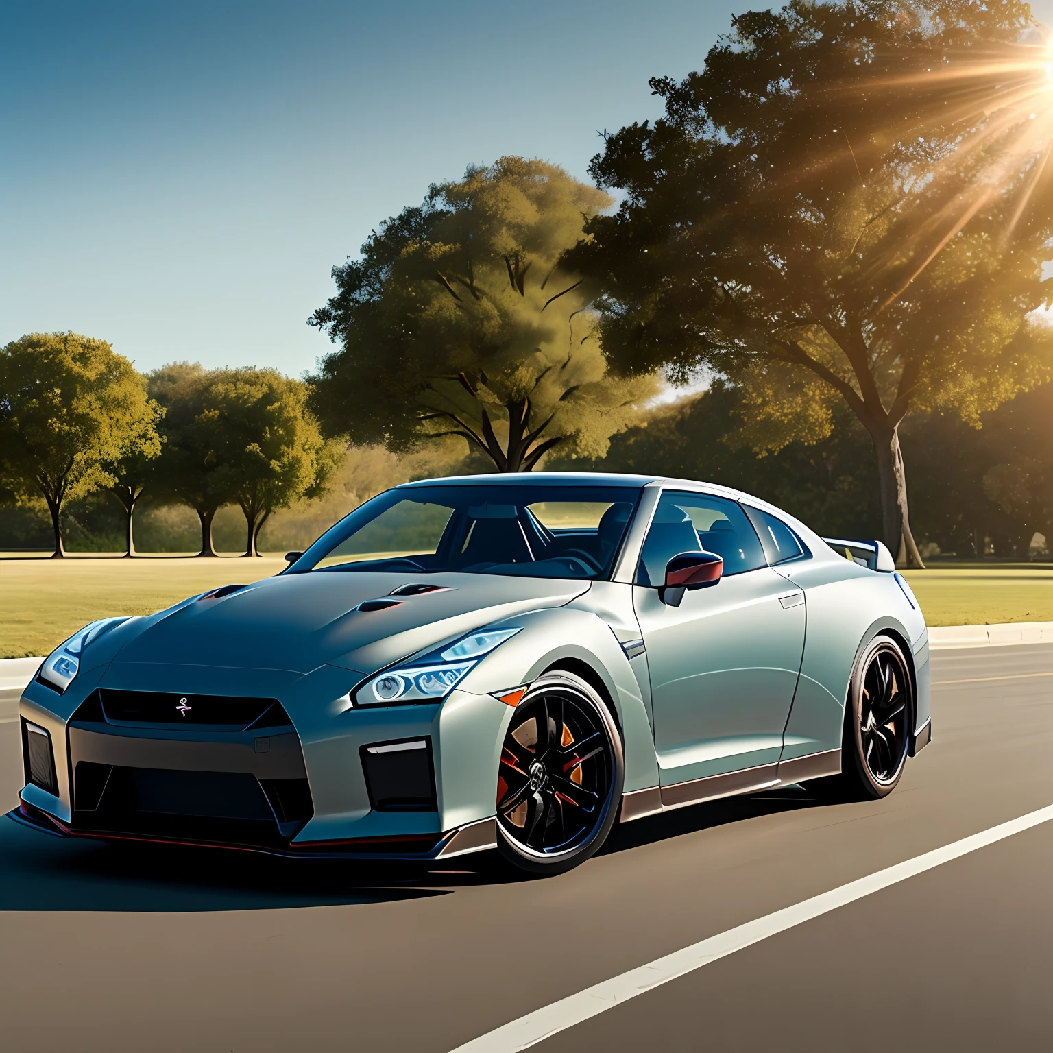 1 Nissan GTR, galloping on the boulevard, sunlight shining on the car, metallic color, super light angle, cinematic lens, HD, realistic, 8K --auto