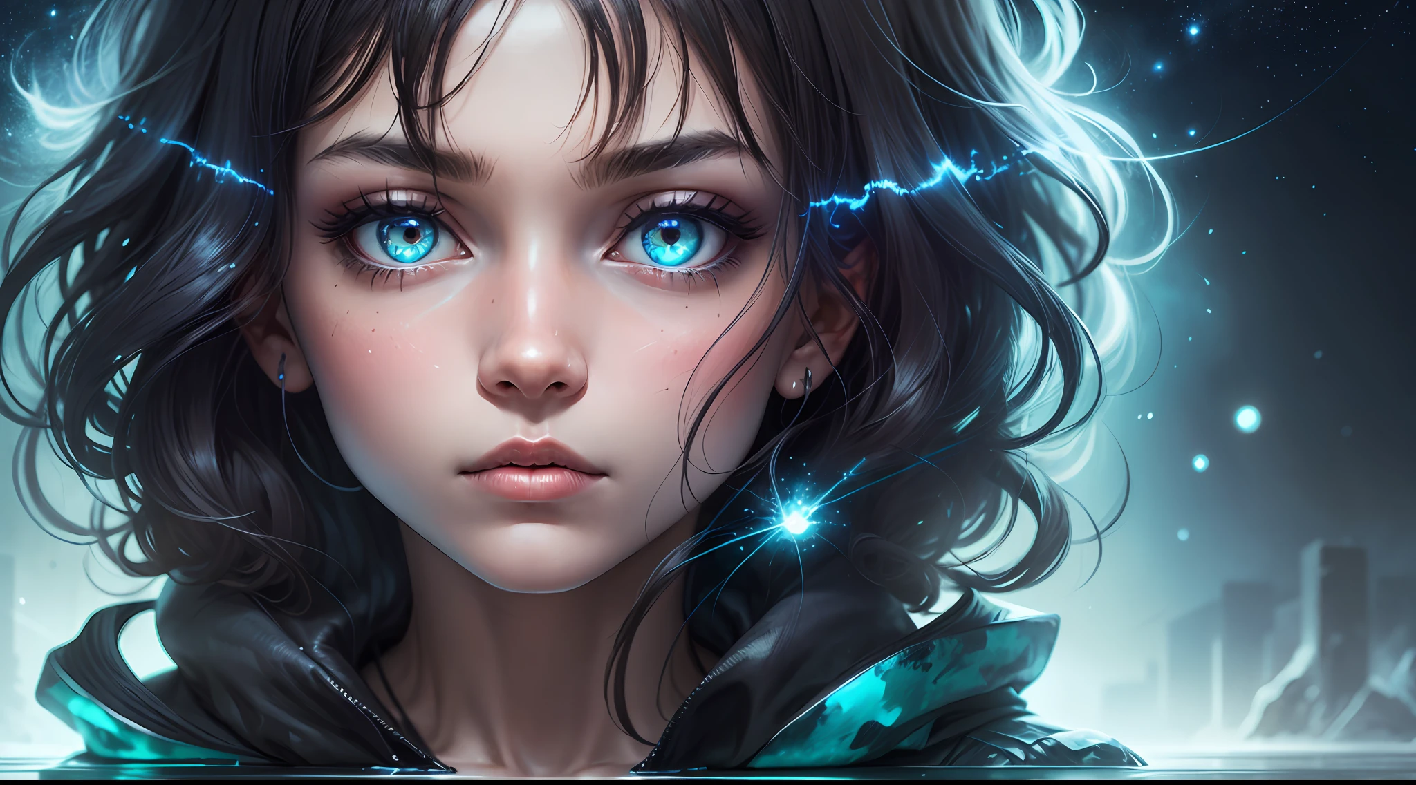 girl,radioactive glow,abstract art,focus on character,eyes with reflection, lonely and cold world,background with stars