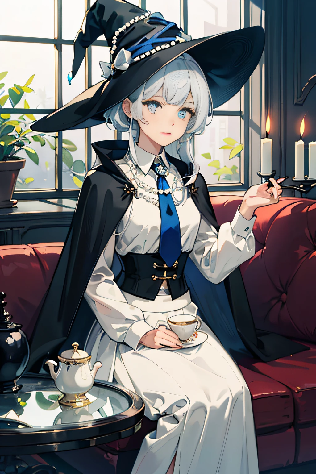 Masterpiece, best quality, 1 cute maiden, wearing a hat, cute witch hat, blue pupils, blue and white hair, broken bangs, solo, witch hat, witch cape, sitting on sofa with pearl necklace, living room, white shirt, high neck, tie, lace, waist seal, blue skirt, window, tea table, witch, romantic candle
