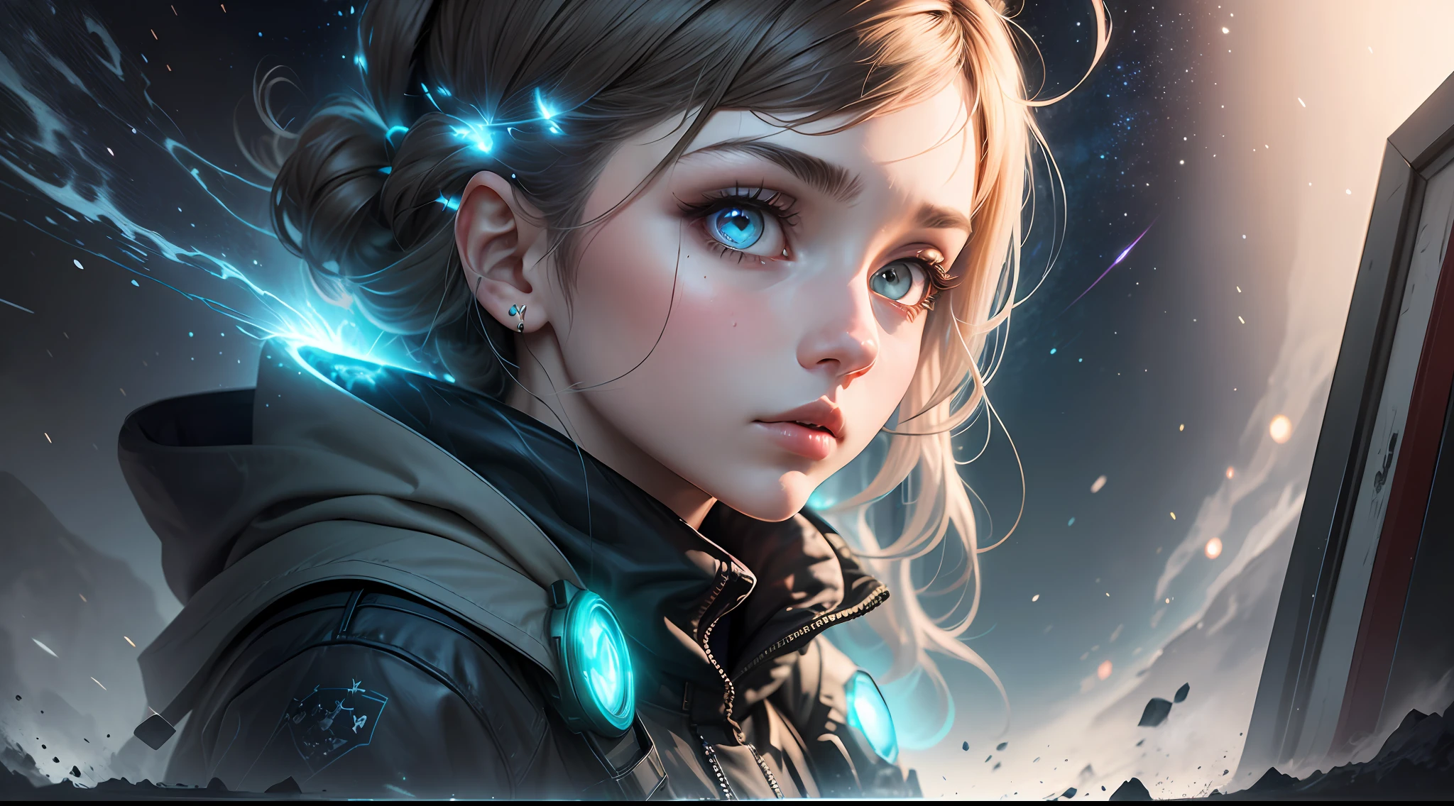 girl,radioactive glow,abstract art,focus on character,eyes with reflection, lonely and cold world,background with stars