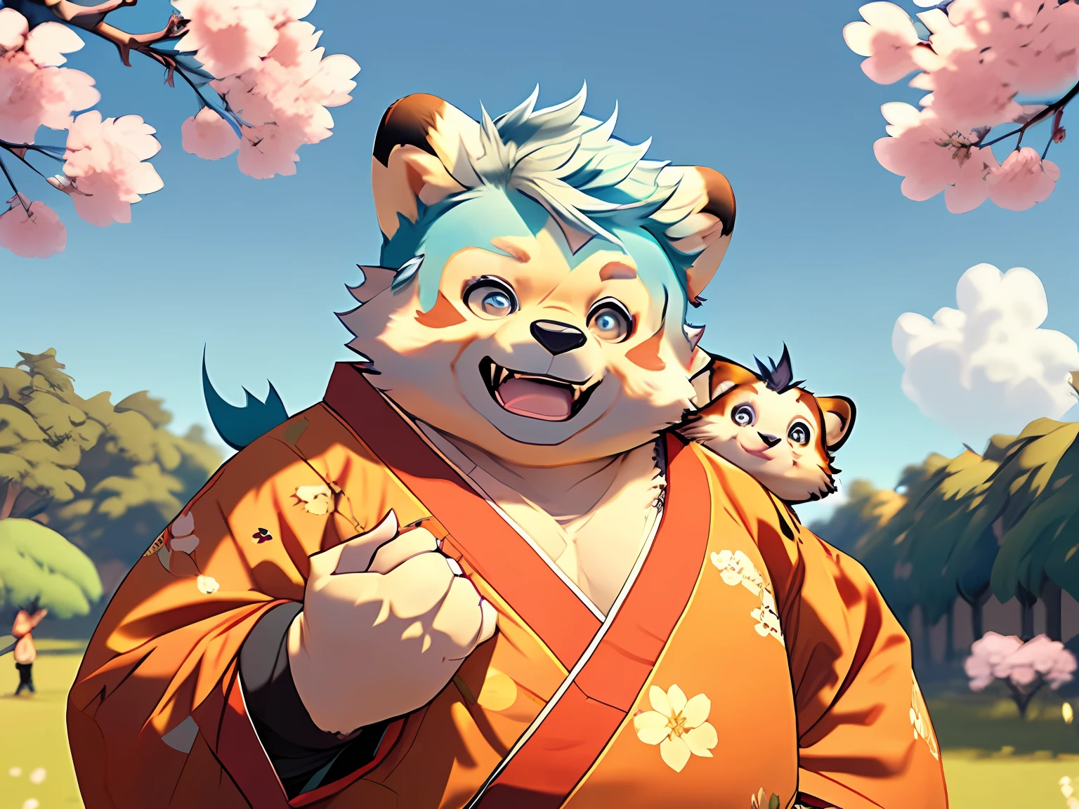 A bear with a red panda on his shoulder, wearing a kimono, practicing spells in the cherry blossom forest, is a slightly chubby orc, furry, fluffy, light blue hair, carrying a school bag, thick arms and body, huge pectoral muscles, is a little fat man, looking at the camera, happy smile, morning sun