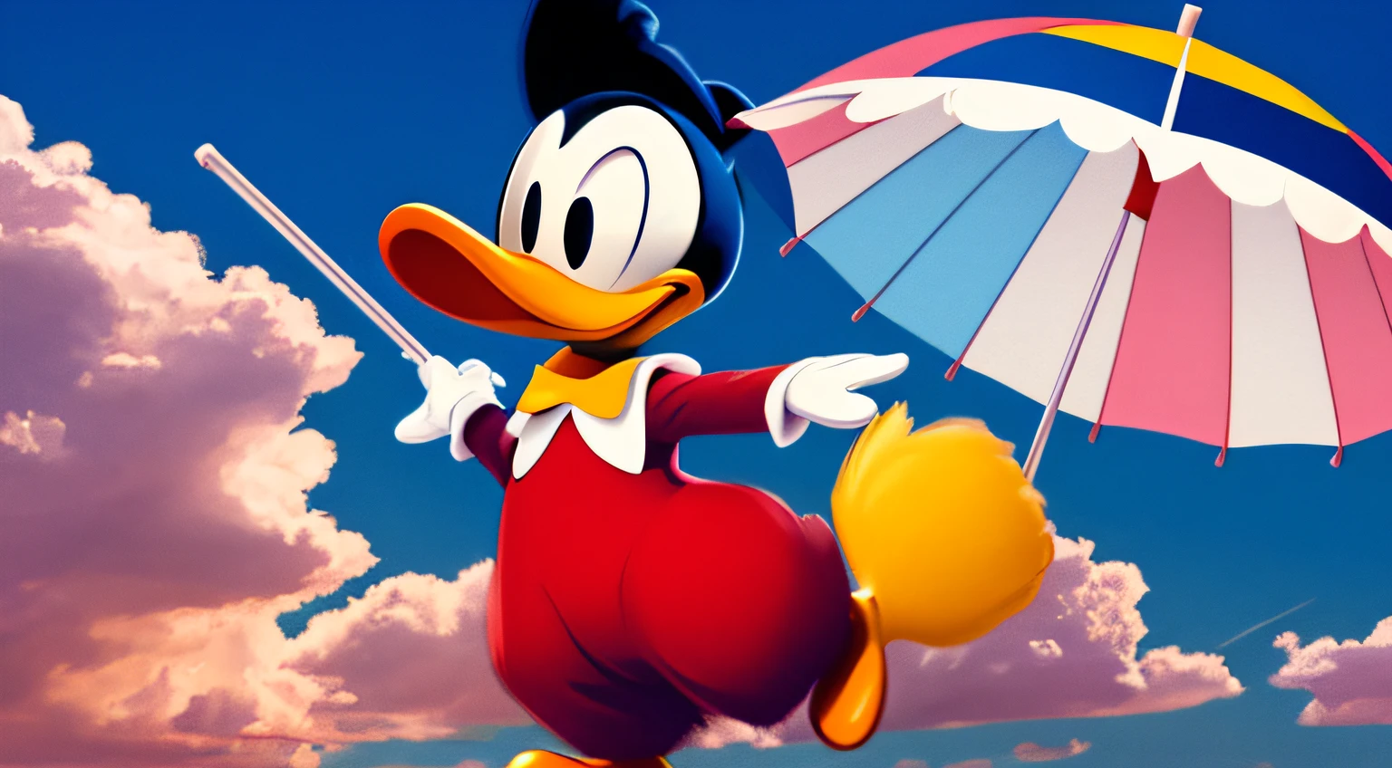 donald duck dancing with an umbrella in hand, high qualitY, HIGH DEFINITION --auto