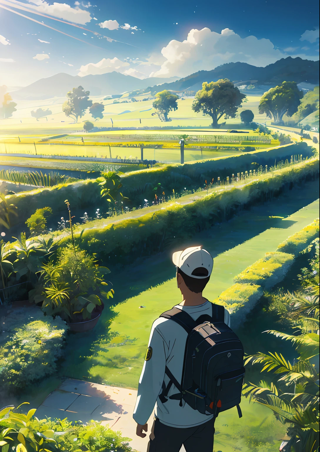 ((vast sky)), beautiful skyline, large grasslands, ((very tense)) and (dramatic)) pictures, ((moving))((visuals)), ((hanging North Star)), ((colorful)) natural light. ((long-sleeved top)) | ((Back Backpack)) (mans) ((banana garden)) (fruit trees) (farmers) (banana trees)