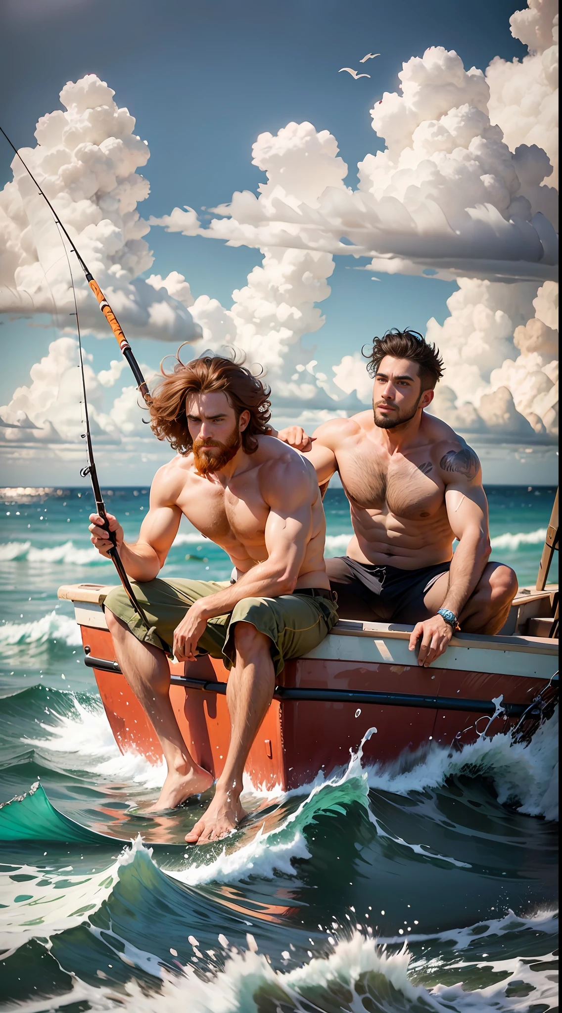two men sitting on a boat, one man 24 years old short black hair Hispanic look, other man in his mid 30s, fishing from the boat, fishing sticks, holding fishing sticks, looking at the ocean, big hair, big nose, big head, messy hair, ginger hair, ginger big beard, sunburns, nothing around him but vast ocean, boat in the middle of an ocean, no shirt, bare foot, wearing only shorts, survivor, cast away, skinny, no muscles